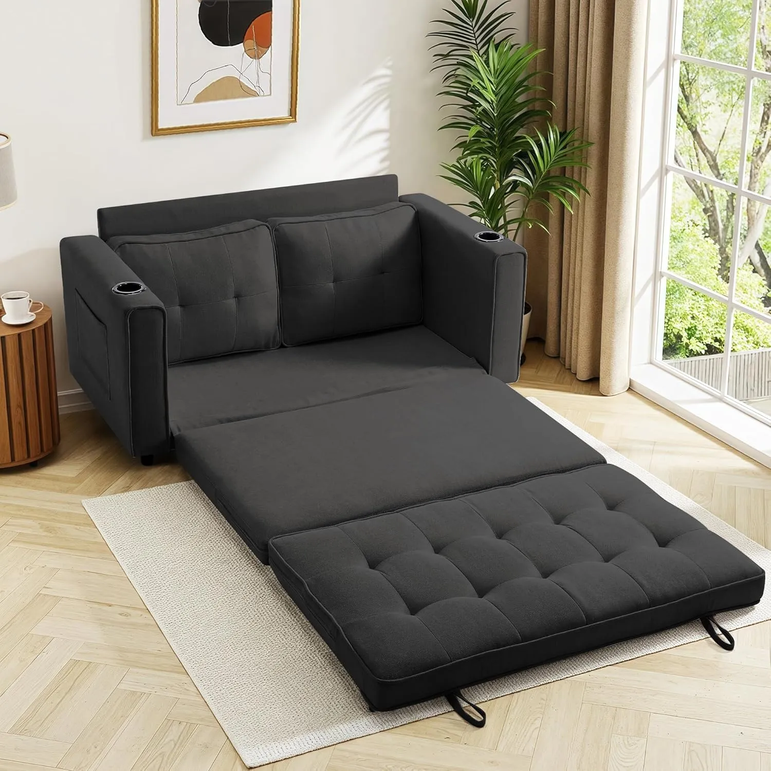Loveseat Sleeper Sofa Bed for Living Room - Modern Comfy Convertible Futon Couches- Folding Couch Bed for Small Spaces - Foldable Floor Gaming Sofa Bed - Black