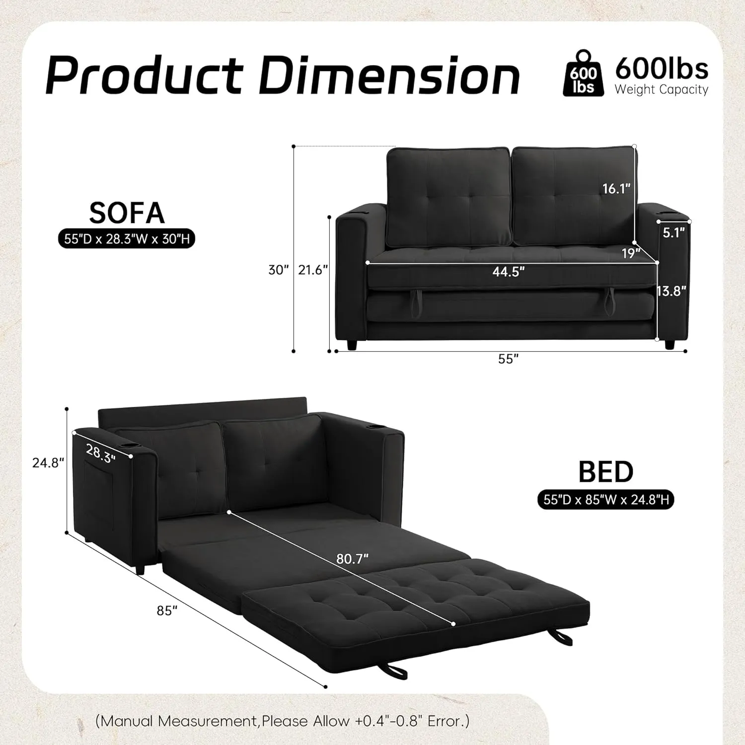 Loveseat Sleeper Sofa Bed for Living Room - Modern Comfy Convertible Futon Couches- Folding Couch Bed for Small Spaces - Foldable Floor Gaming Sofa Bed - Black