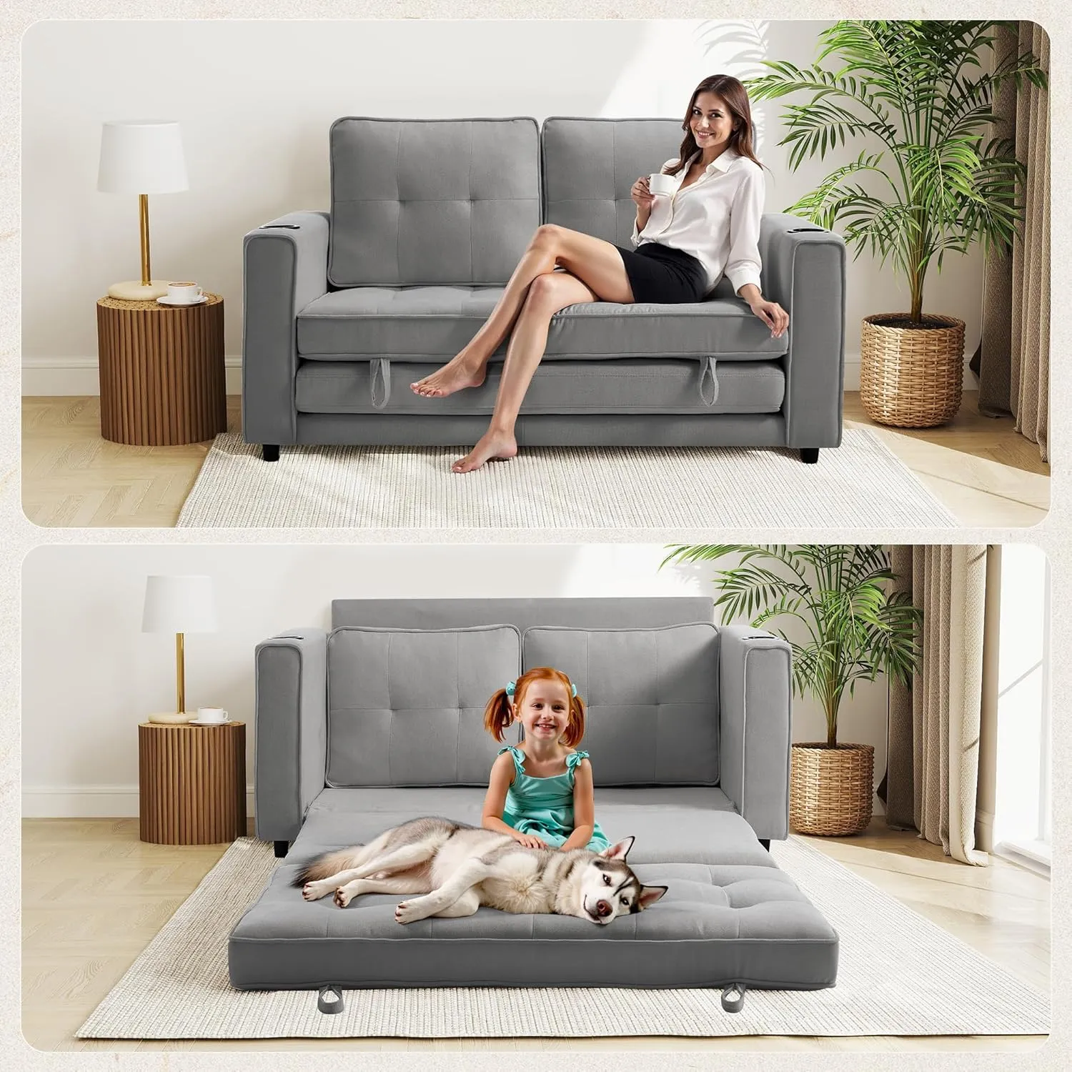 Loveseat Sleeper Sofa Bed for Living Room - Modern Comfy Convertible Futon Couches- Folding Couch Bed for Small Spaces - Foldable Floor Gaming Sofa Bed - Grey