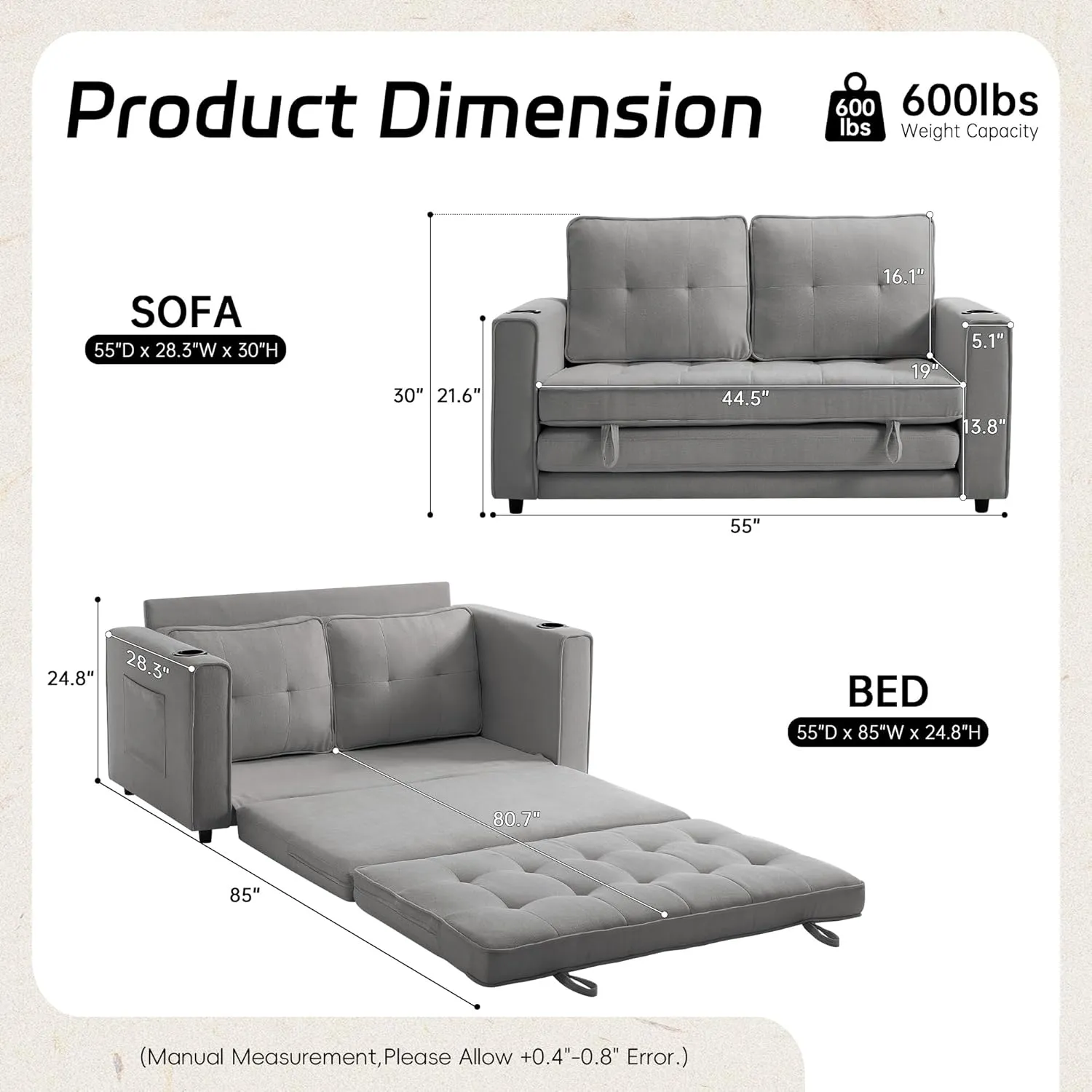 Loveseat Sleeper Sofa Bed for Living Room - Modern Comfy Convertible Futon Couches- Folding Couch Bed for Small Spaces - Foldable Floor Gaming Sofa Bed - Grey