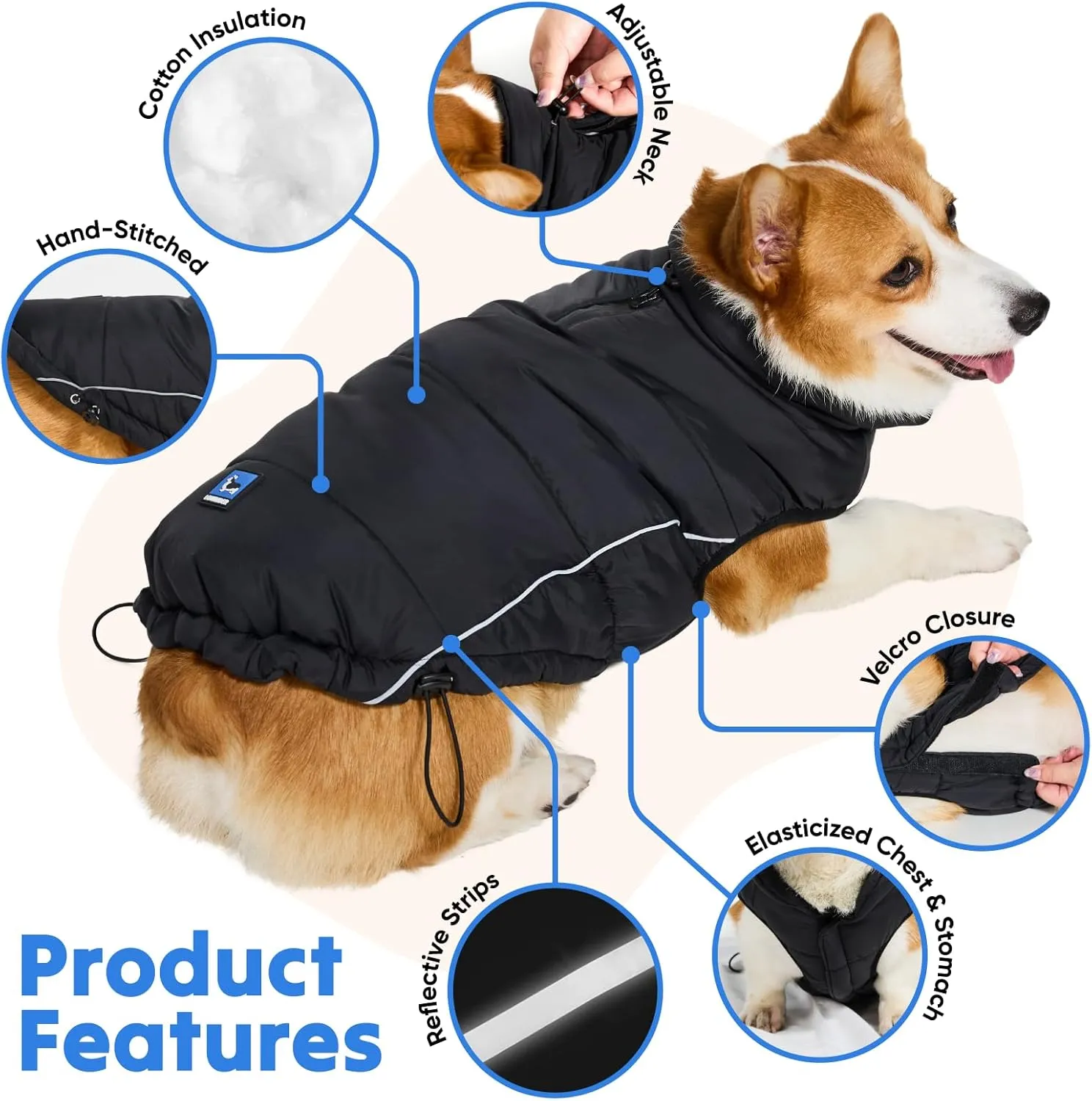 Lowrider Puffer Coat XS- Warm, Waterproof, Windproof, Reflective, Insulated Dog Coat, Rain Jacket, and Vest Jacket for Small and Medium Dogs in Cold Weather, Made with Soft and Breathable Fabric