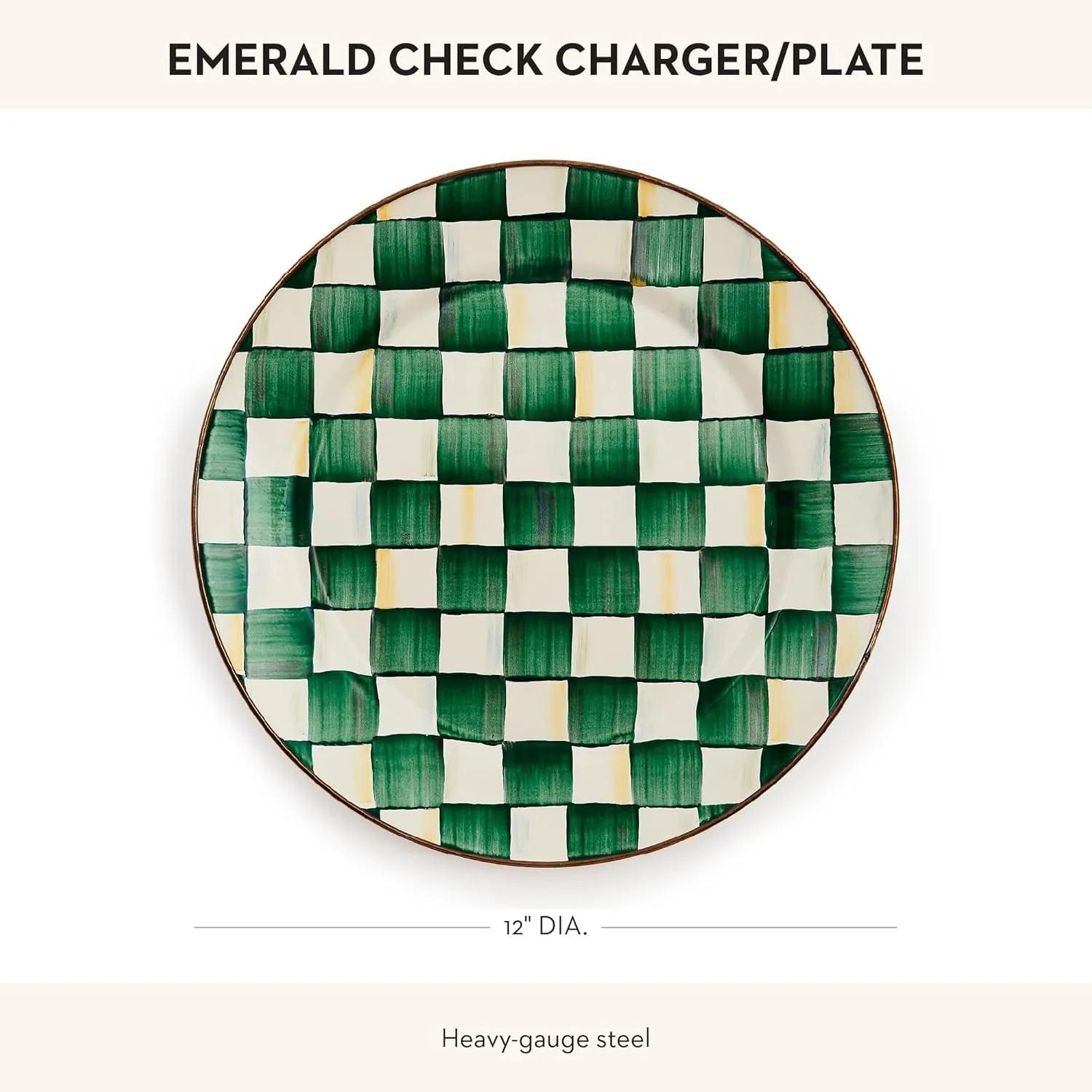 MACKENZIE-CHILDS Enamel Charger Plate, Charger Decoration for Dinner Plates or Home Decor, 12 Inches, Green-and-White Emerald Check