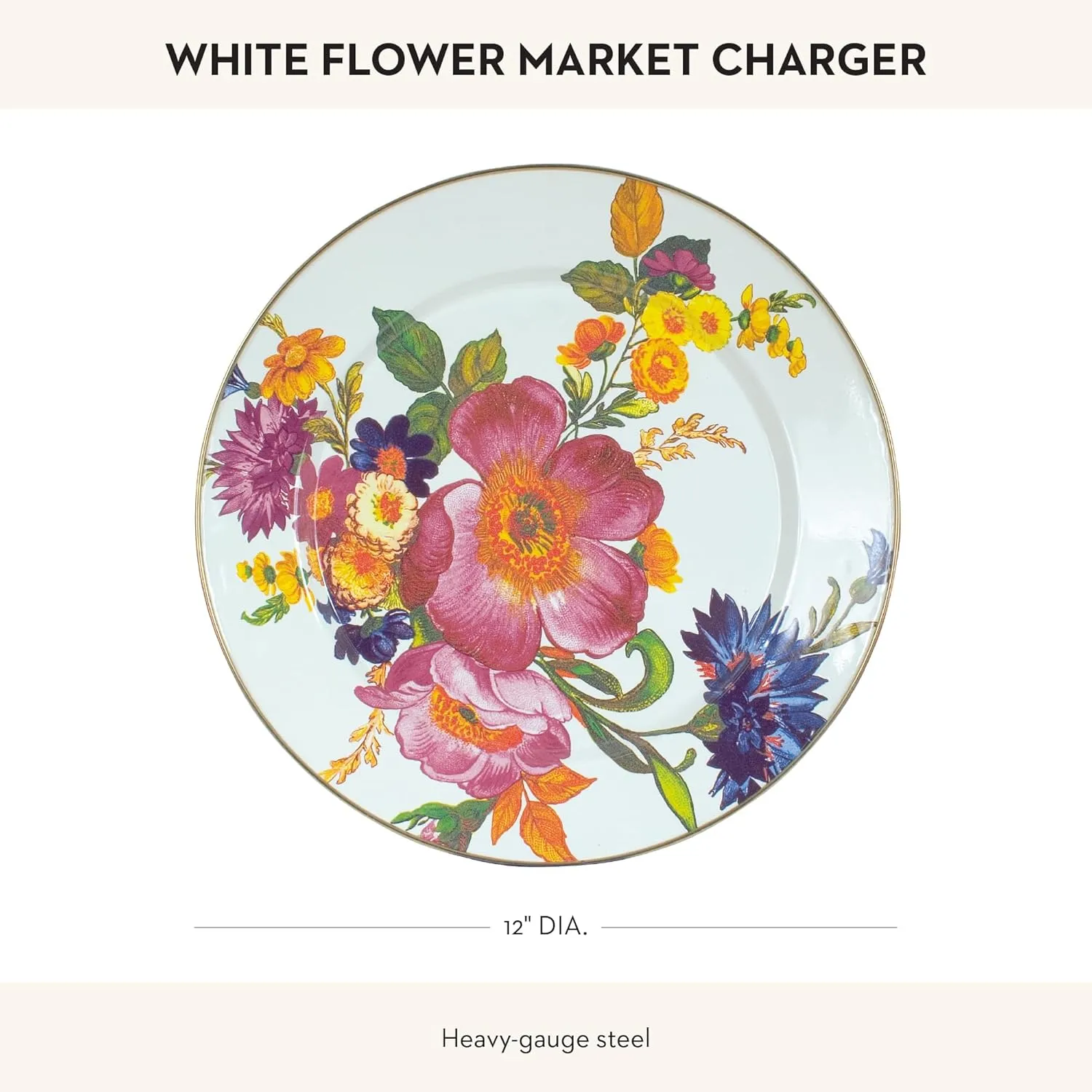 MACKENZIE-CHILDS Enamel Charger Plate, Decorative Plate for Home Decor, 12 Inches, White Flower Market