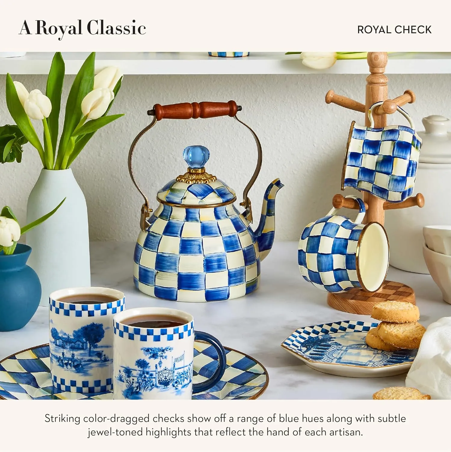 MACKENZIE-CHILDS Enamel Dinner Plate, Decorative Dinnerware Plate, 10 Inches, Set of 1, Blue-and-White Royal Check