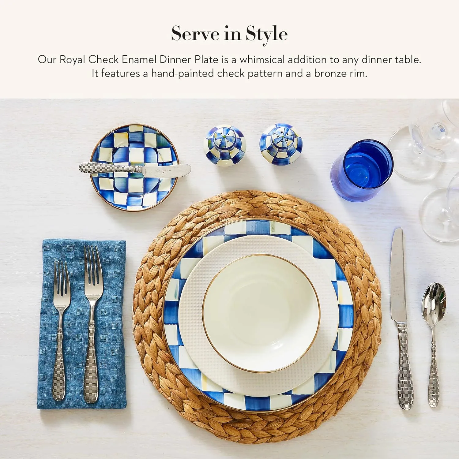 MACKENZIE-CHILDS Enamel Dinner Plate, Decorative Dinnerware Plate, 10 Inches, Set of 1, Blue-and-White Royal Check