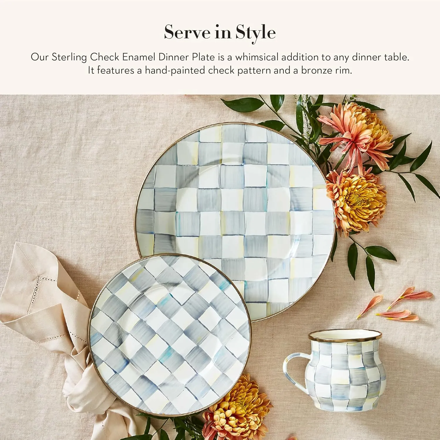 MACKENZIE-CHILDS Enamel Dinner Plate, Decorative Dinnerware Plate, 10 Inches, Set of 1, Gray-and-White Sterling Check