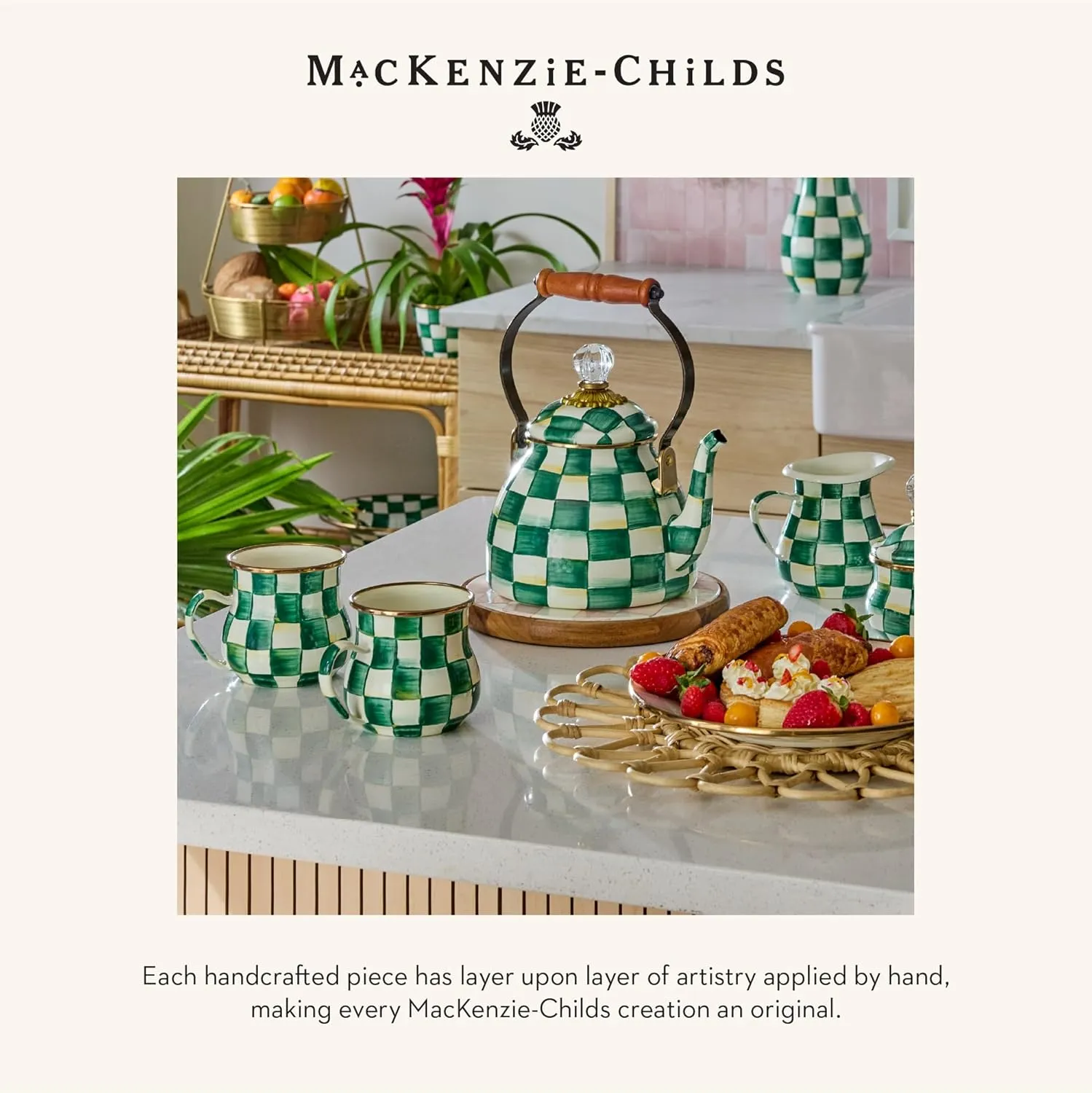MACKENZIE-CHILDS Enamel Salad and Dessert Plate, Small Plate for a Dessert or Appetizer Dish, 8 Inches, Green-and-White Emerald Check