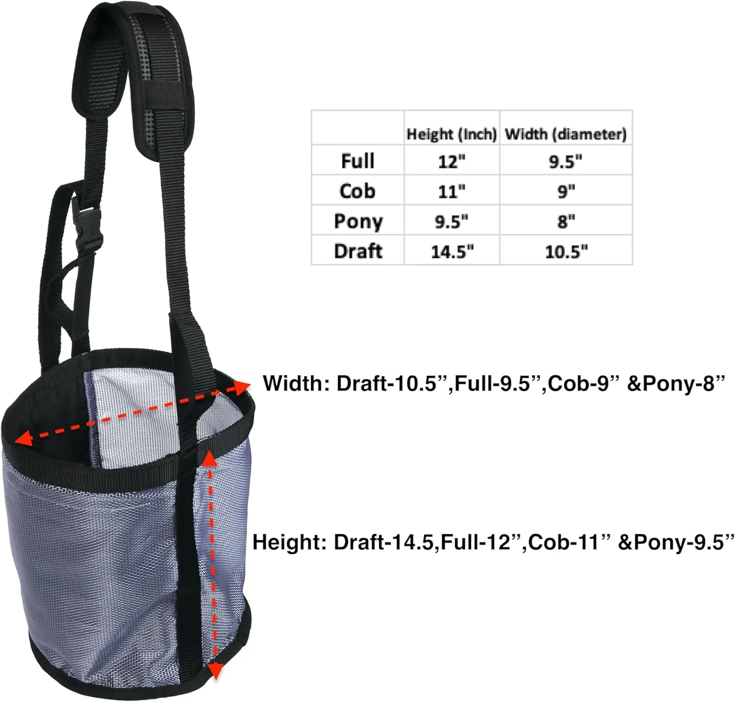 Majestic Ally Horse Feed Bag, Heavy Duty Nylon Mesh Grain Feed Bag, Adjustable Strap with Durable Snap and Elastic Straps, Comfort Neck Pad and Nose Pad- Large (Full, Dark Gray)