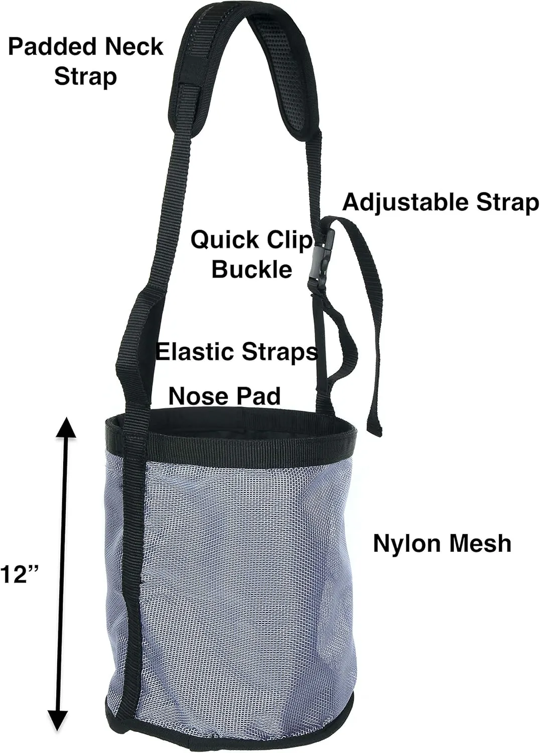 Majestic Ally Horse Feed Bag, Heavy Duty Nylon Mesh Grain Feed Bag, Adjustable Strap with Durable Snap and Elastic Straps, Comfort Neck Pad and Nose Pad- Large (Full, Dark Gray)