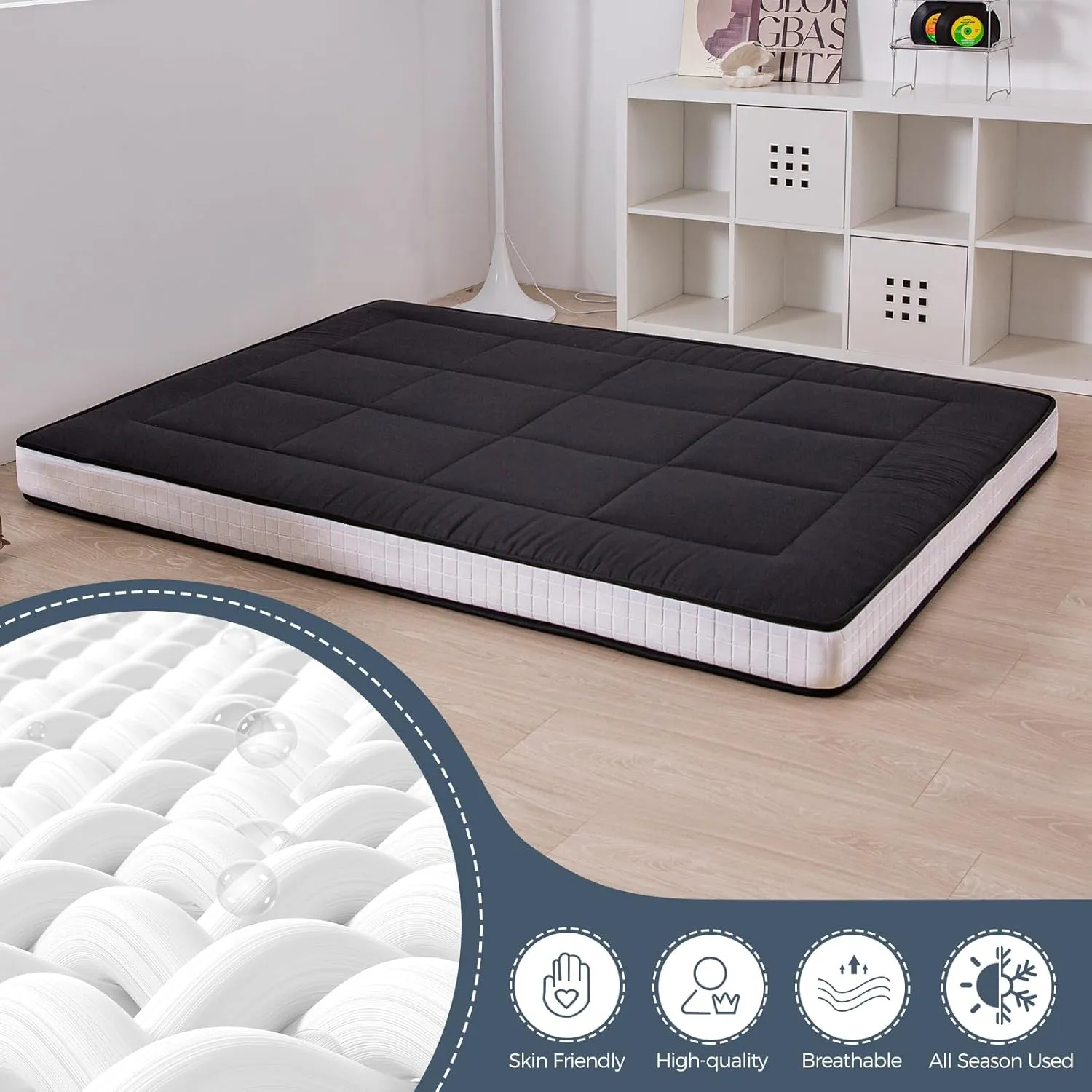 MAXYOYO 6" Extra Thick Foldable Floor Futon Mattress, Tatami Pad for Adults, Roll Up Guest Bed, Black, Full