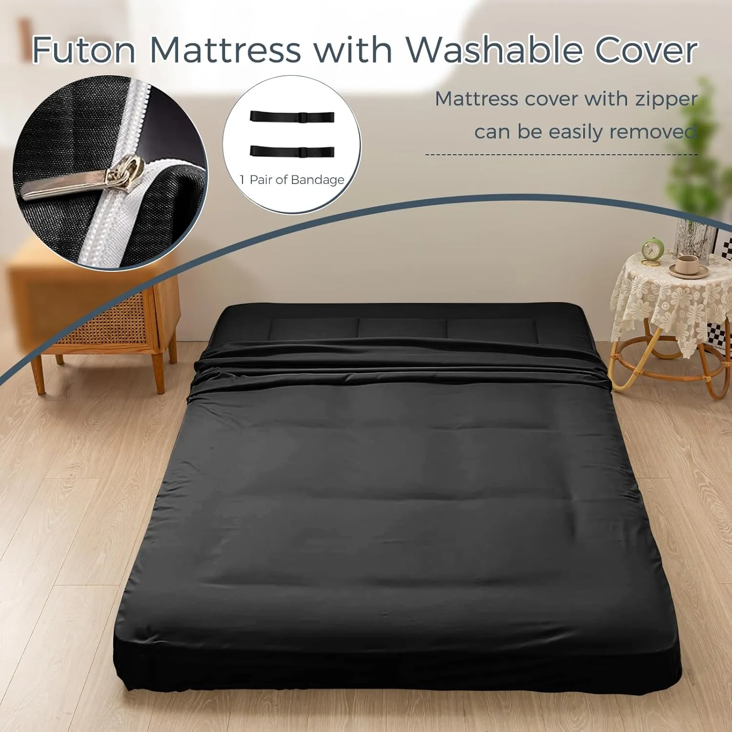 MAXYOYO 6" Extra Thick Foldable Floor Futon Mattress, Tatami Pad for Adults, Roll Up Guest Bed, Black, Full