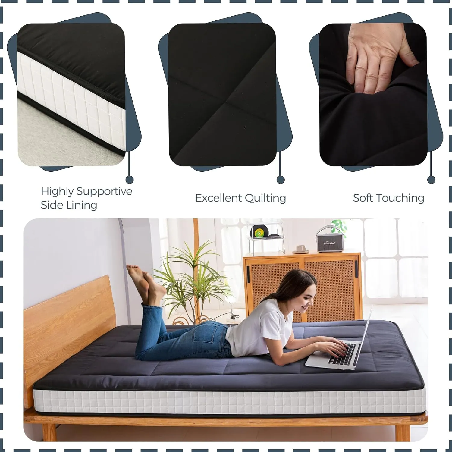 MAXYOYO 6" Extra Thick Foldable Floor Futon Mattress, Tatami Pad for Adults, Roll Up Guest Bed, Black, Full