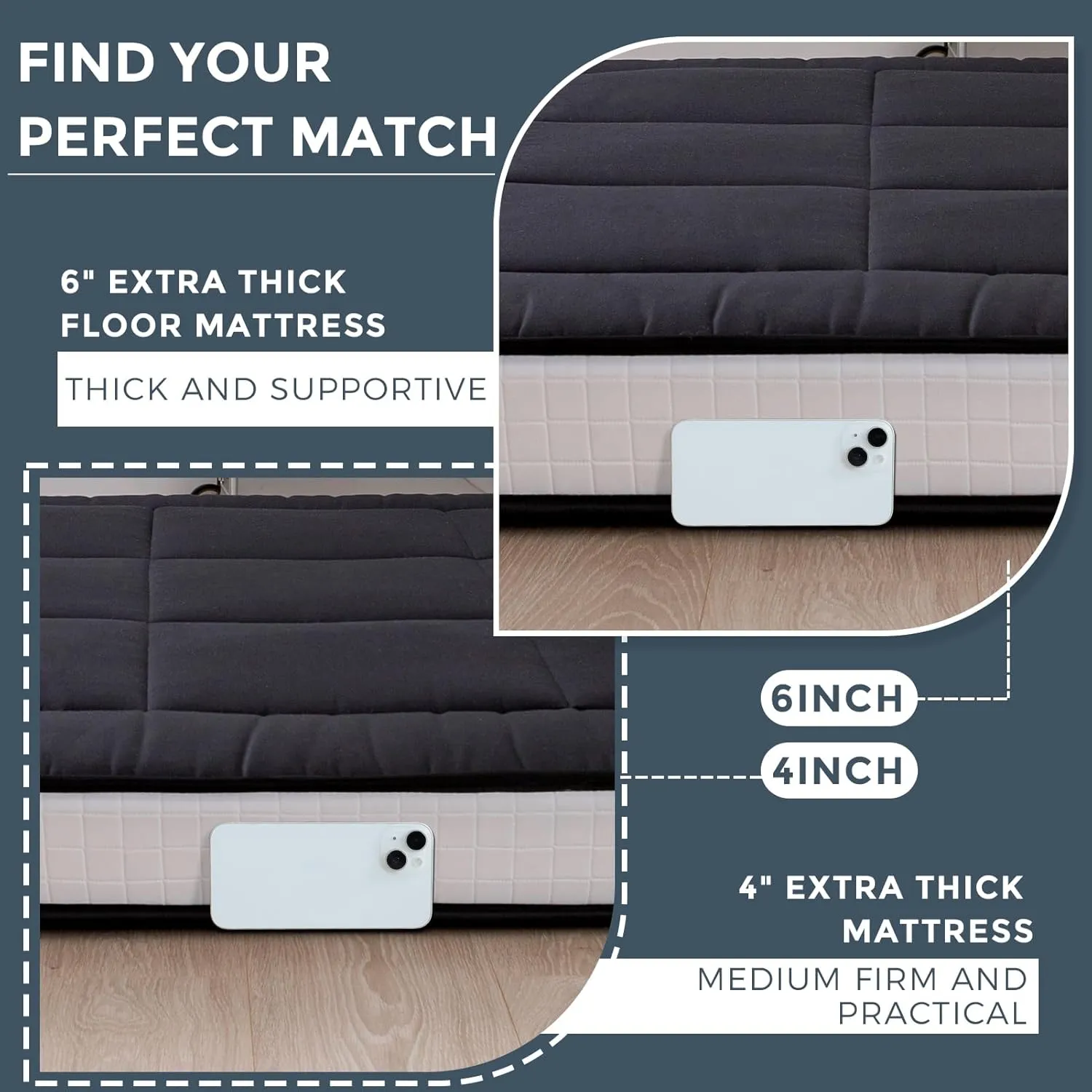 MAXYOYO 6" Extra Thick Foldable Floor Futon Mattress, Tatami Pad for Adults, Roll Up Guest Bed, Black, Full