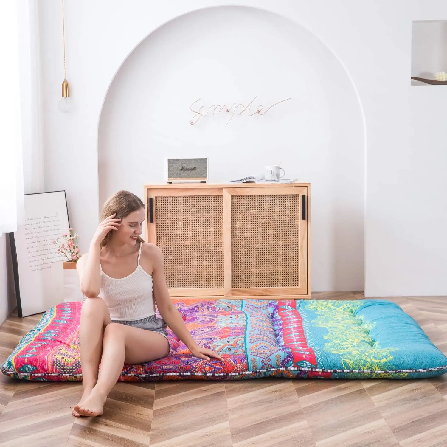 MAXYOYO Bohemian Retro Mattress Boho Floral Japanese Futon Mattress Tatami Floor Mat Foldable Portable Camping , Sleeping Pad, Lounger Couch Bed Full Size