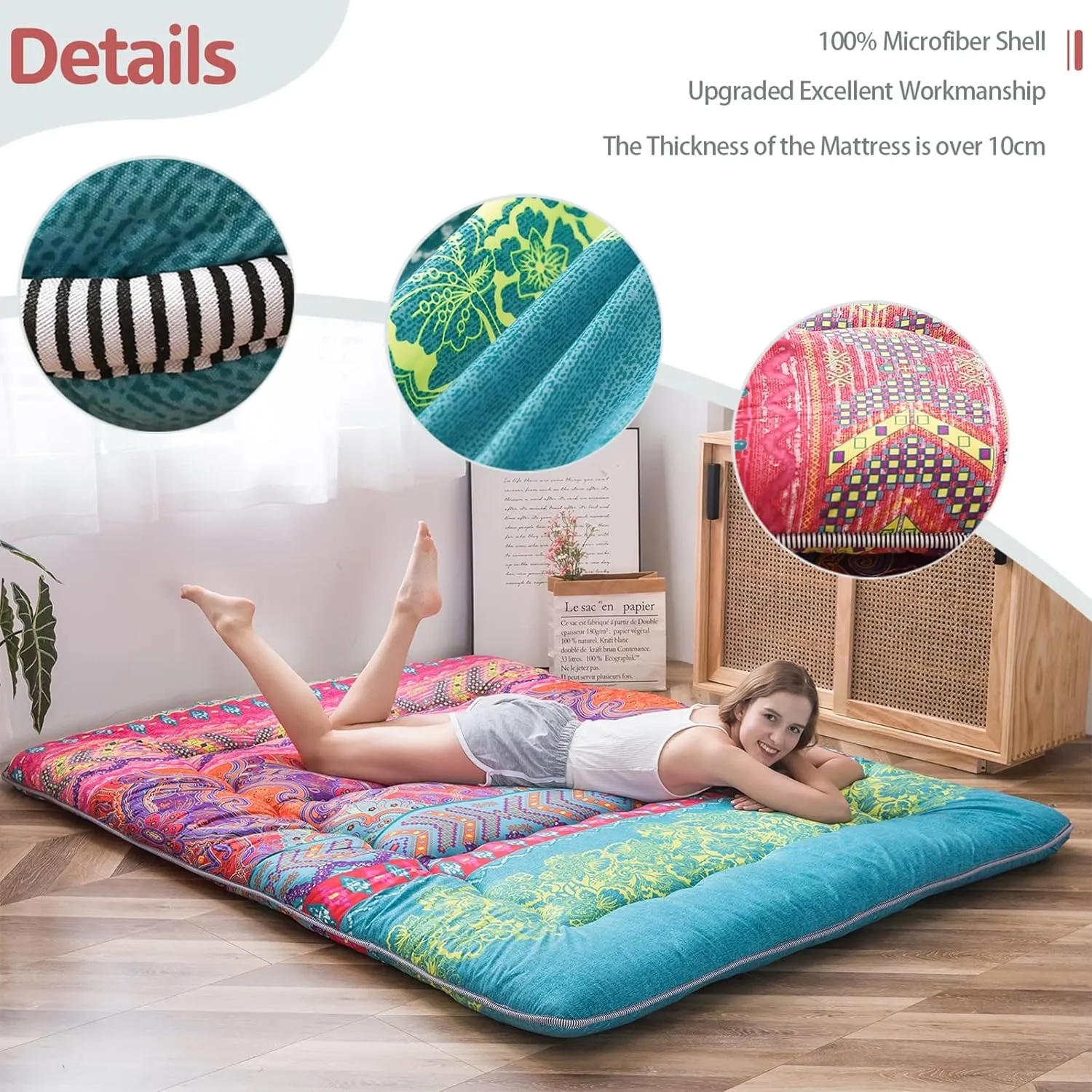 MAXYOYO Bohemian Retro Mattress Boho Floral Japanese Futon Mattress Tatami Floor Mat Foldable Portable Camping , Sleeping Pad, Lounger Couch Bed Full Size