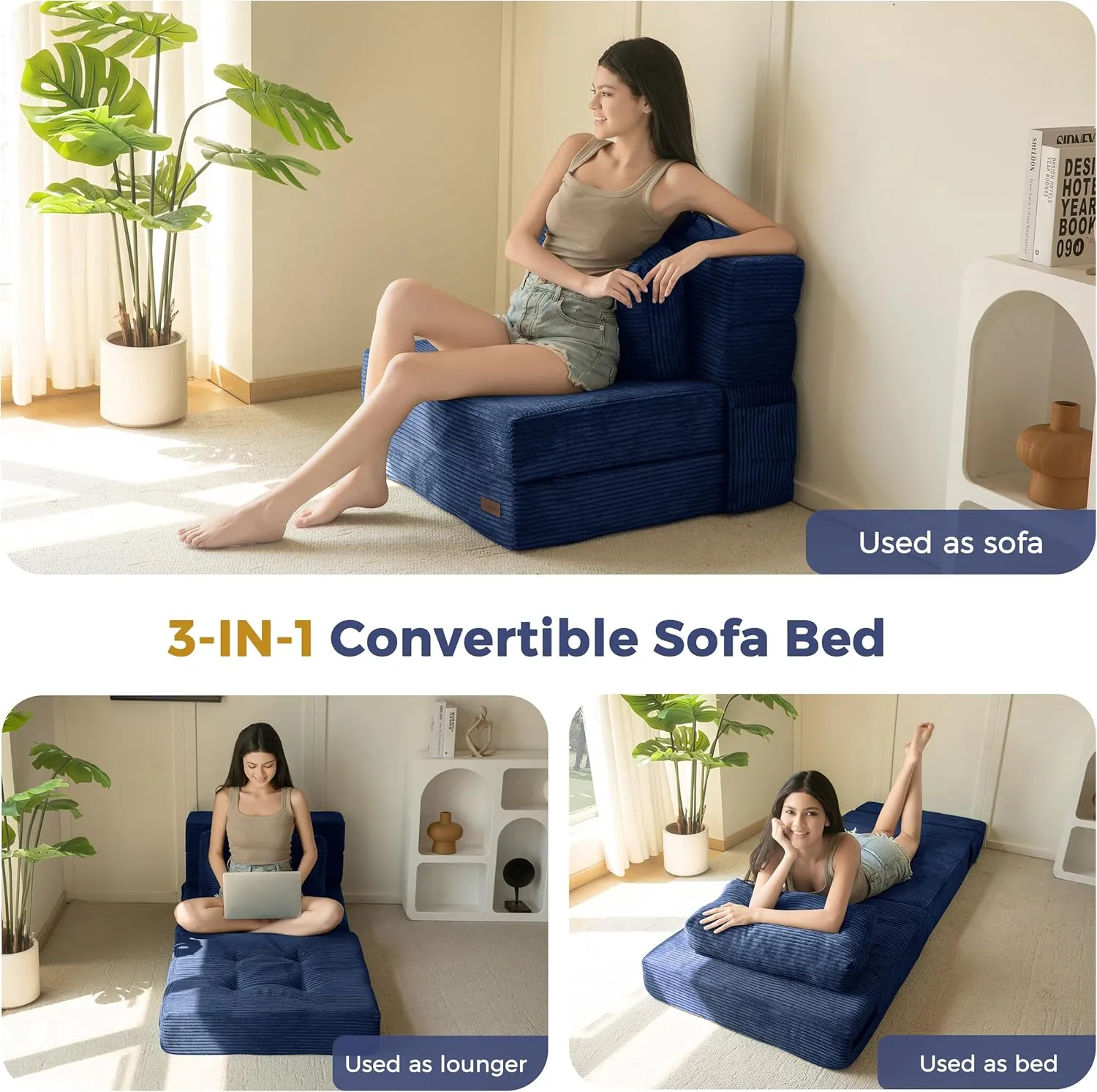 MAXYOYO Convertible Sofa Bed, Fold Out Single Sleeper Sofa with Pillow, 4 in 1 Tufted Folding Couch Bed Foam Floor Couch, Lazy Chair for Living Room Bedroom Guest Room, Navy