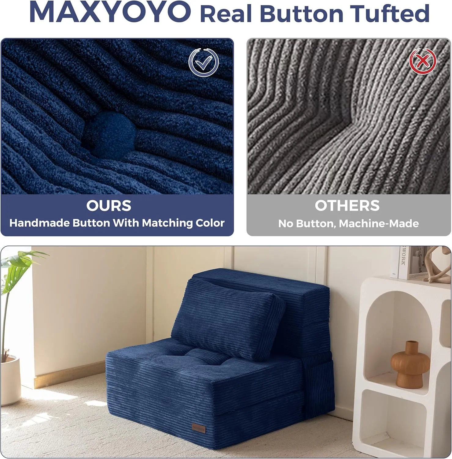 MAXYOYO Convertible Sofa Bed, Fold Out Single Sleeper Sofa with Pillow, 4 in 1 Tufted Folding Couch Bed Foam Floor Couch, Lazy Chair for Living Room Bedroom Guest Room, Navy