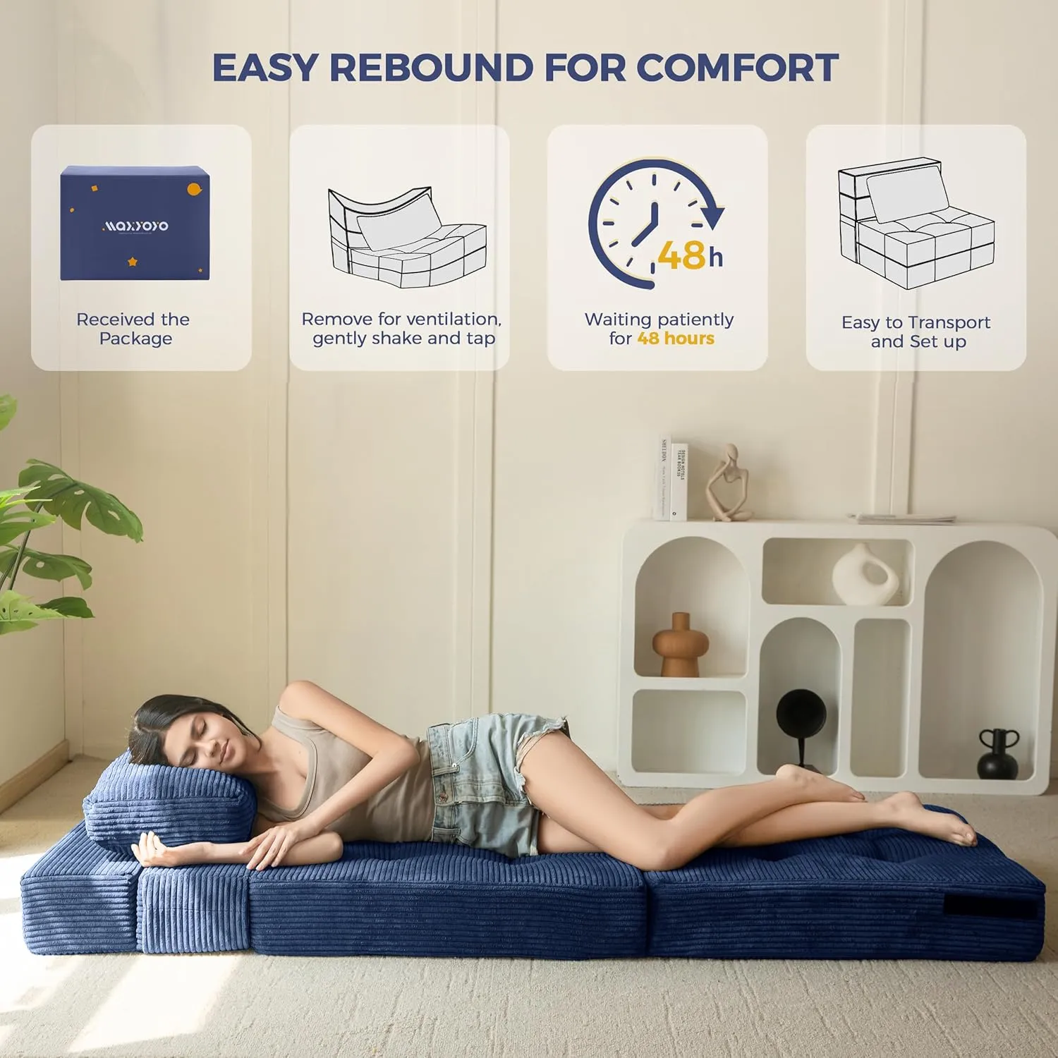 MAXYOYO Convertible Sofa Bed, Fold Out Single Sleeper Sofa with Pillow, 4 in 1 Tufted Folding Couch Bed Foam Floor Couch, Lazy Chair for Living Room Bedroom Guest Room, Navy