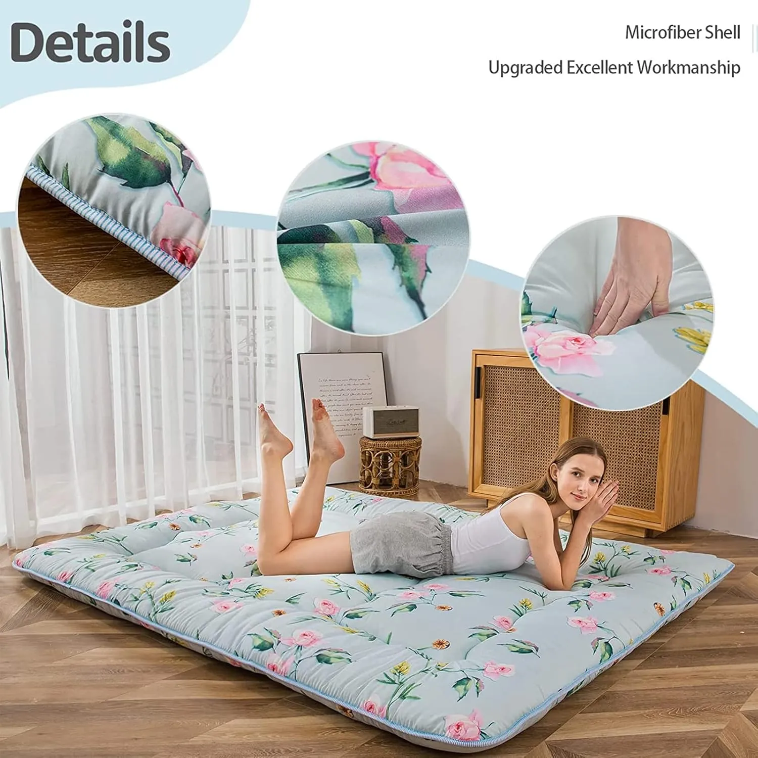 MAXYOYO Japanese Futon Mattress Floor Mattress Sleeping Pad Foldable Bed Roll Up Camping Mattress Floor Lounger Bed Couches and Sofas Mattress Topper, Green Floral, Twin Size