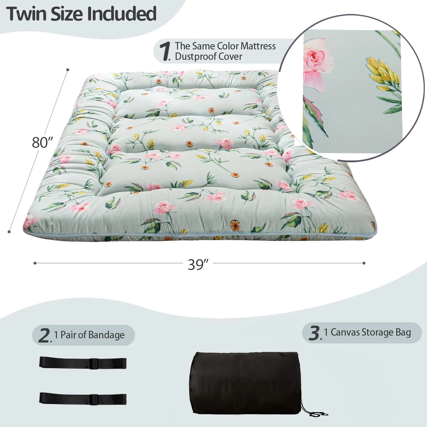 MAXYOYO Japanese Futon Mattress Floor Mattress Sleeping Pad Foldable Bed Roll Up Camping Mattress Floor Lounger Bed Couches and Sofas Mattress Topper, Green Floral, Twin Size