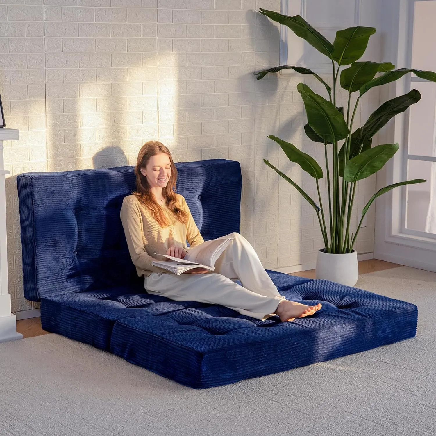 MAXYOYO Tri-Fold Mattress, 6 Inch Tufted Folding Mattress Twin Foam Bed, Foldable Floor Mattress Guest Bed Mattress Topper Portable Camping Sleeping Bed with Corded Fabric, Navy, 35.4"x75"