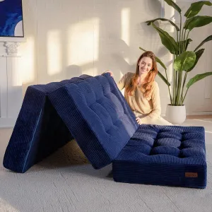 MAXYOYO Tri-Fold Mattress, 6 Inch Tufted Folding Mattress Twin Foam Bed, Foldable Floor Mattress Guest Bed Mattress Topper Portable Camping Sleeping Bed with Corded Fabric, Navy, 35.4"x75"
