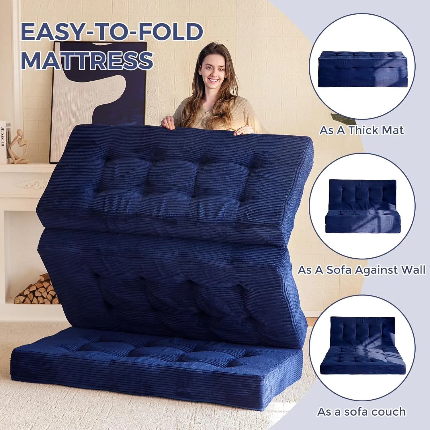 MAXYOYO Tri-Fold Mattress, 6 Inch Tufted Folding Mattress Twin Foam Bed, Foldable Floor Mattress Guest Bed Mattress Topper Portable Camping Sleeping Bed with Corded Fabric, Navy, 35.4"x75"