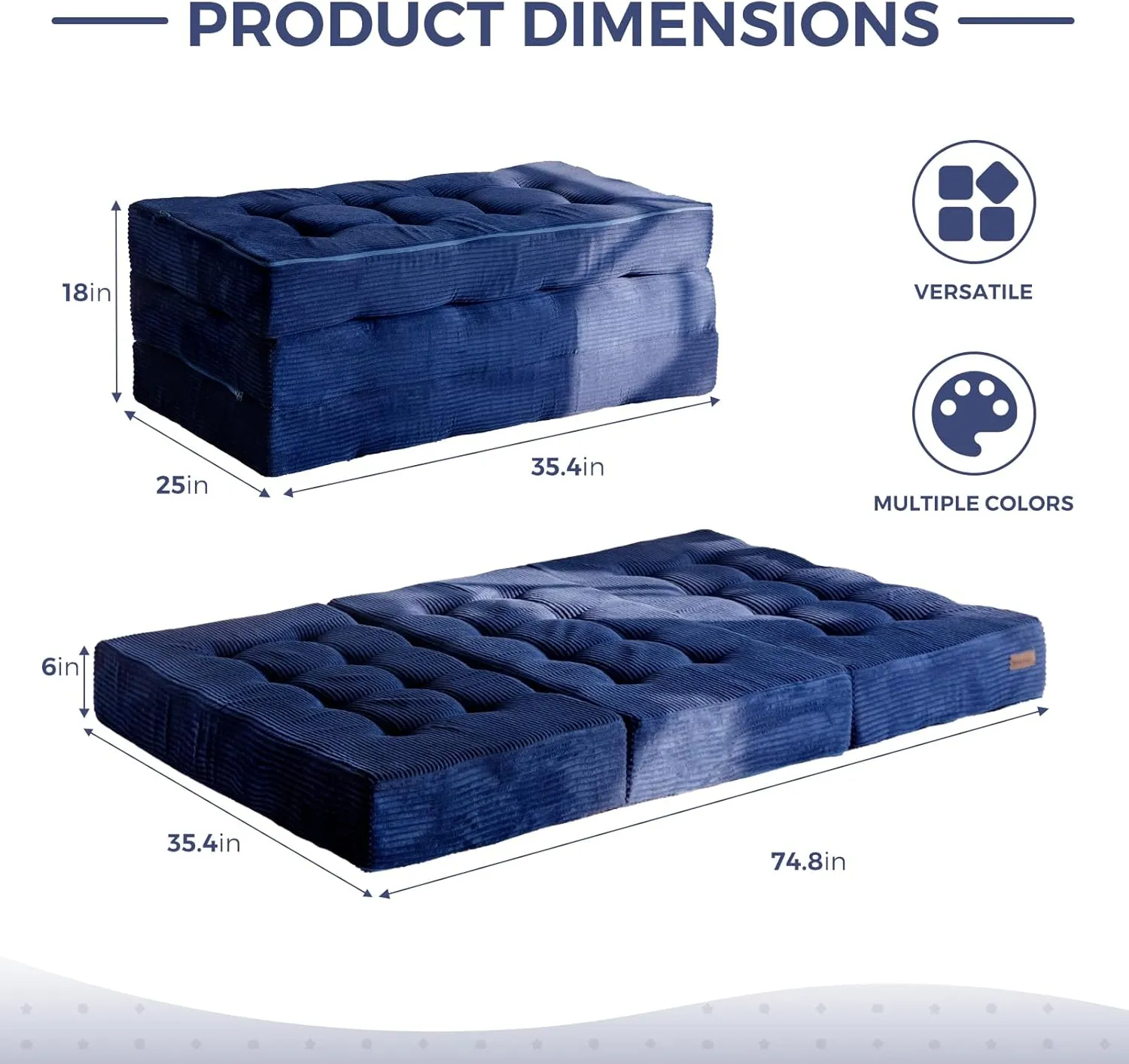 MAXYOYO Tri-Fold Mattress, 6 Inch Tufted Folding Mattress Twin Foam Bed, Foldable Floor Mattress Guest Bed Mattress Topper Portable Camping Sleeping Bed with Corded Fabric, Navy, 35.4"x75"