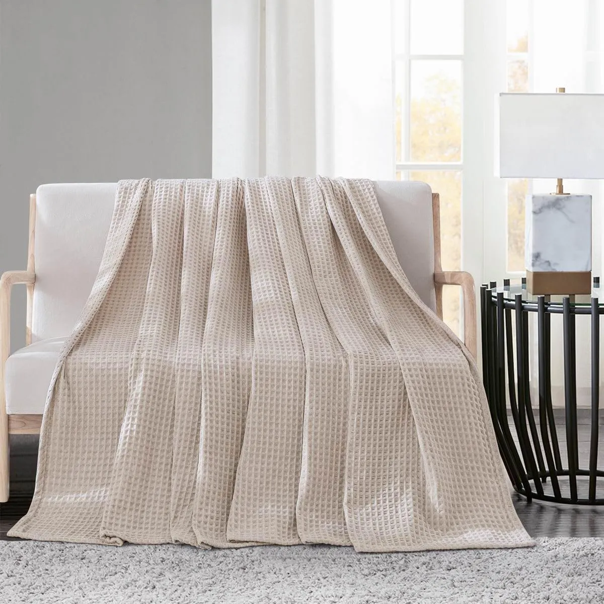 meadow park Cozy Waffle Weave Chenille Thermal Bed Blanket King 104” x 92”, Party Blanket, 380gsm, All Seasons, Khaki