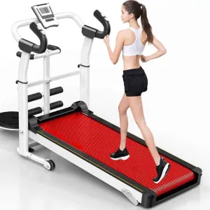 Mechanical treadmill foldable LED display and heart rate check function Home small silent walking machine treadmill fitness equipment with twisted waist plate,Red