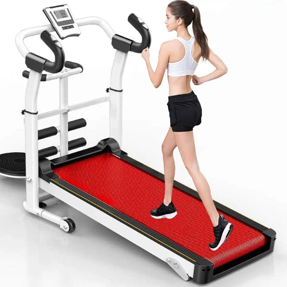 Mechanical treadmill foldable LED display and heart rate check function Home small silent walking machine treadmill fitness equipment with twisted waist plate,Red