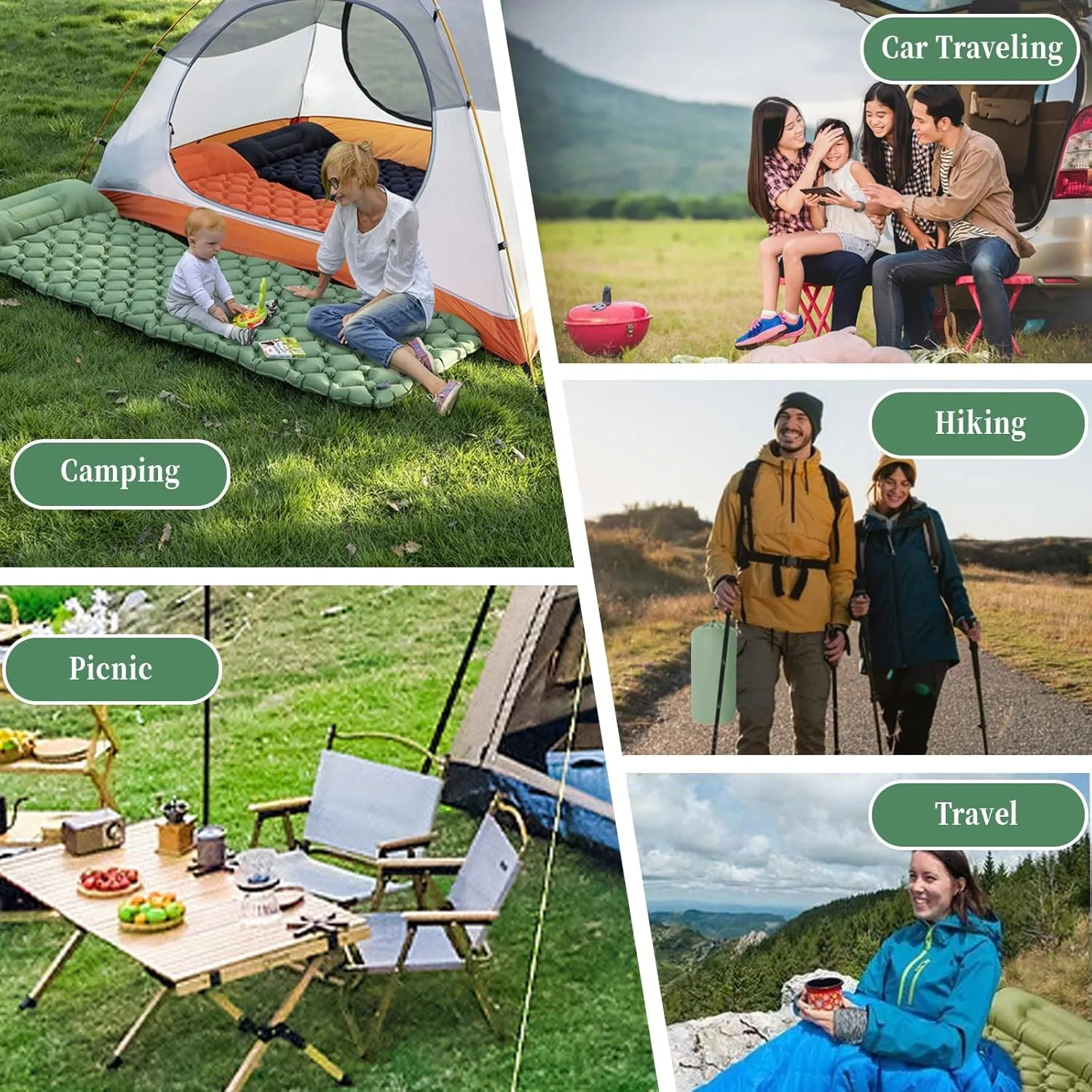 MEI&CO Ultra-Light Inflatable Sleeping Pad with Built-in Pillow & Foot Pump – for Camping, Hiking & Backpacking – Single Pad with Side Buttons for Double Conversion (1, Green)