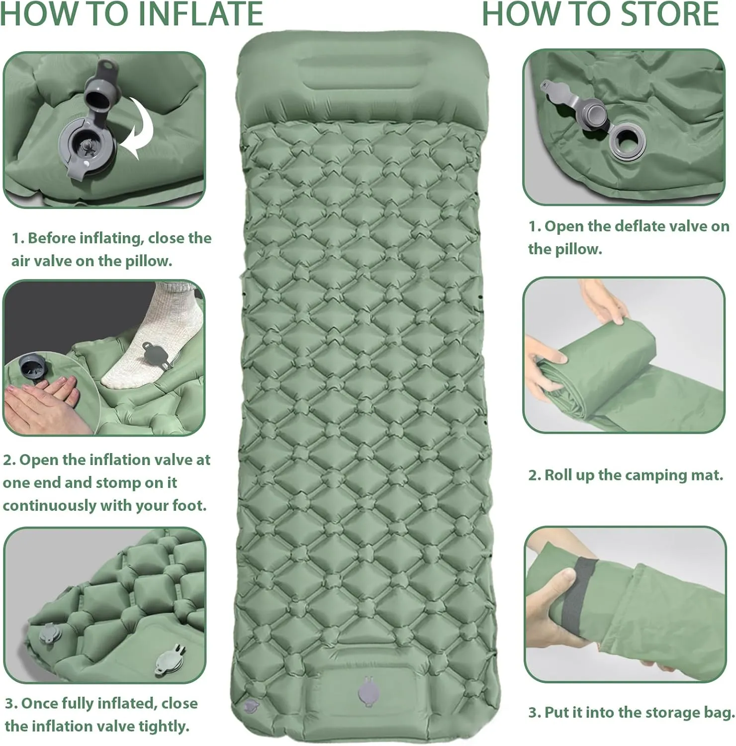 MEI&CO Ultra-Light Inflatable Sleeping Pad with Built-in Pillow & Foot Pump – for Camping, Hiking & Backpacking – Single Pad with Side Buttons for Double Conversion (1, Green)