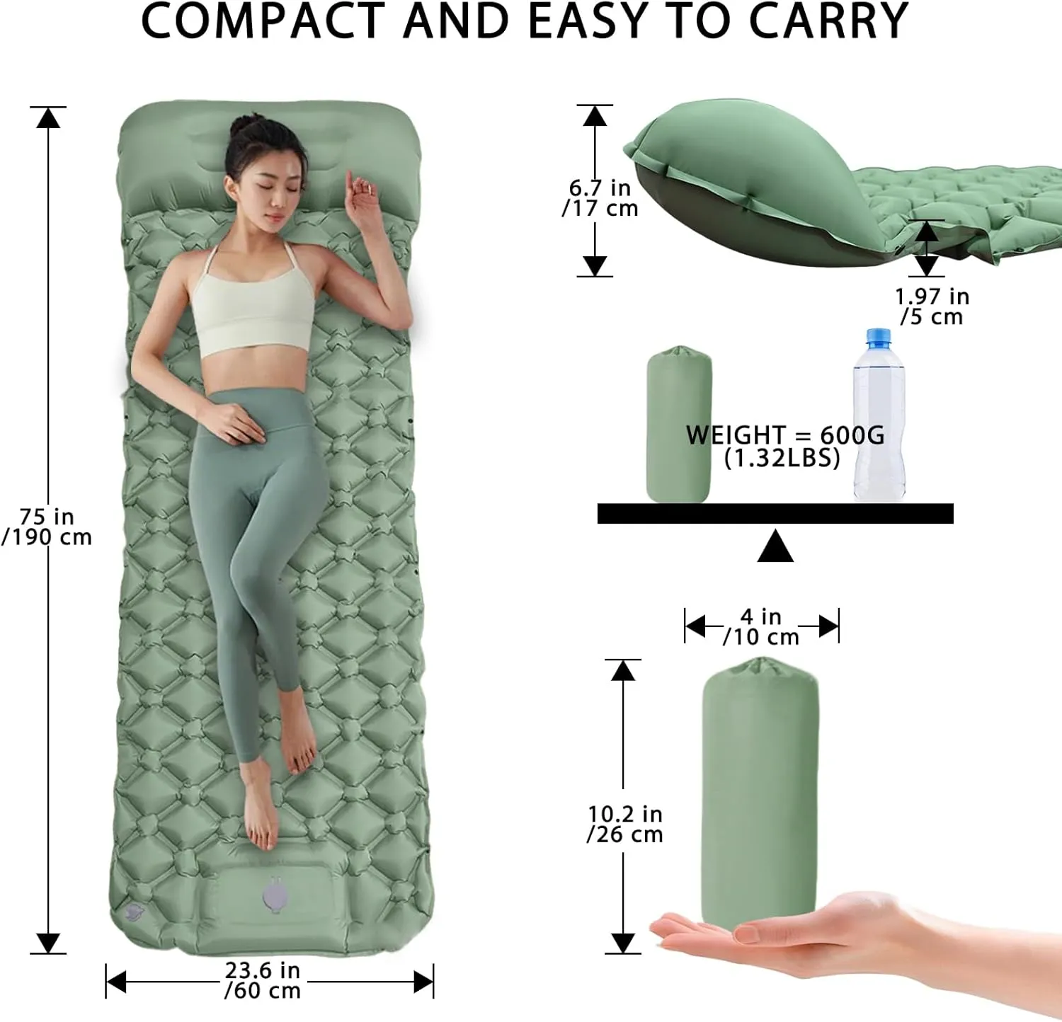 MEI&CO Ultra-Light Inflatable Sleeping Pad with Built-in Pillow & Foot Pump – for Camping, Hiking & Backpacking – Single Pad with Side Buttons for Double Conversion (1, Green)