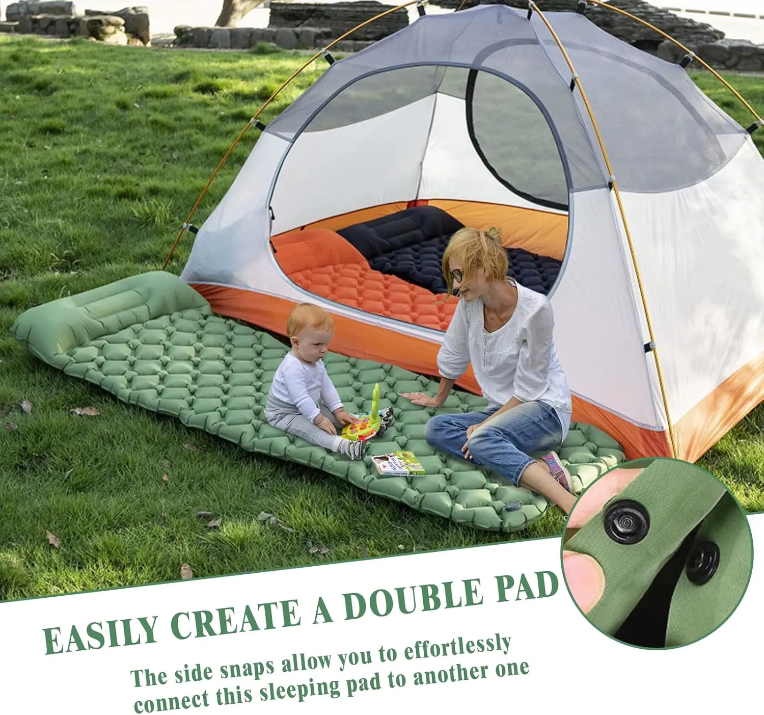 MEI&CO Ultra-Light Inflatable Sleeping Pad with Built-in Pillow & Foot Pump – for Camping, Hiking & Backpacking – Single Pad with Side Buttons for Double Conversion (1, Green)