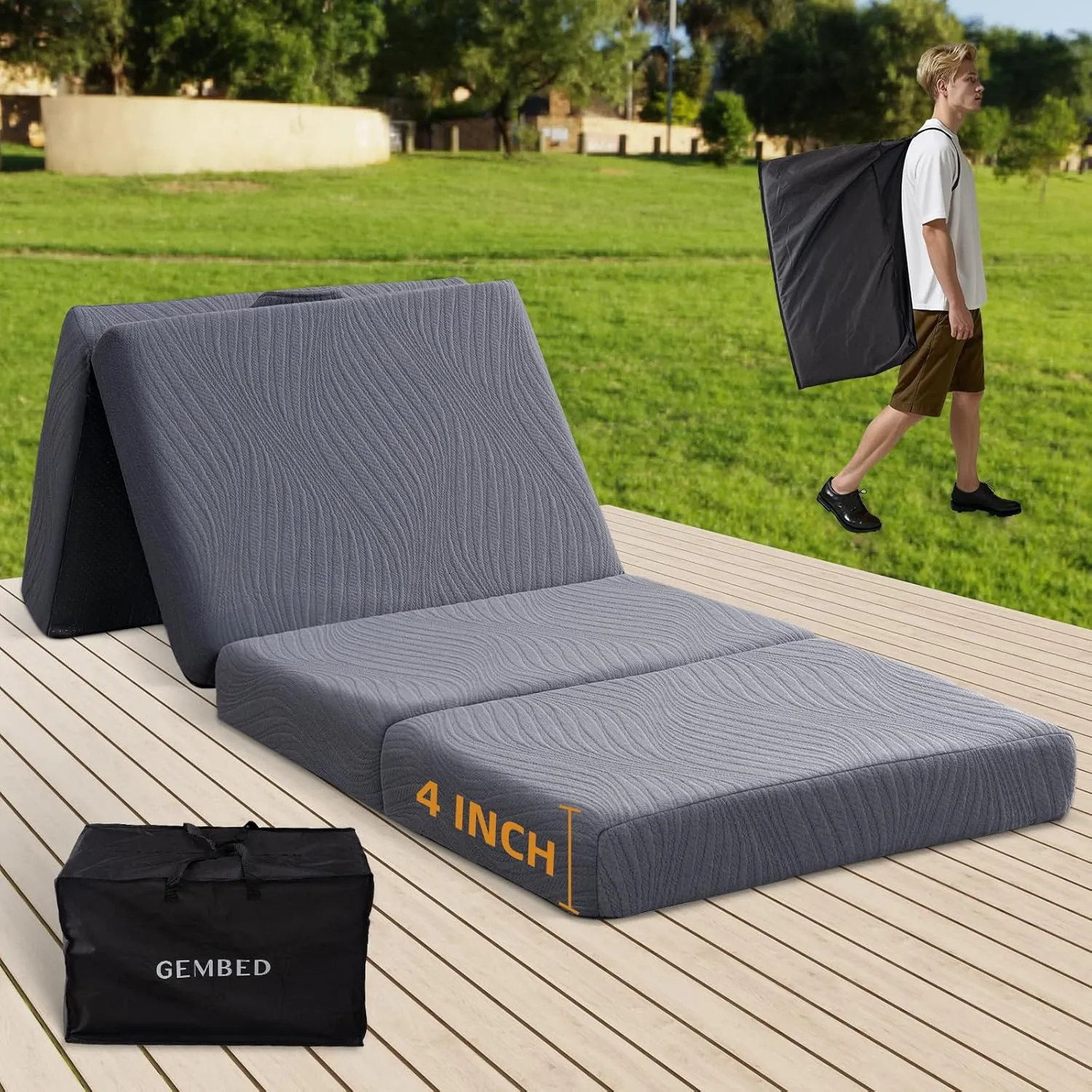 Memory Foam Camping Mattress Pad, 4 Inch Thick Waterproof Foldable Sofa Bed Floor Mattress, Portable Sleeping Pad for Adult, Sleeping Mat for Travel RV Camping Guest Yoga