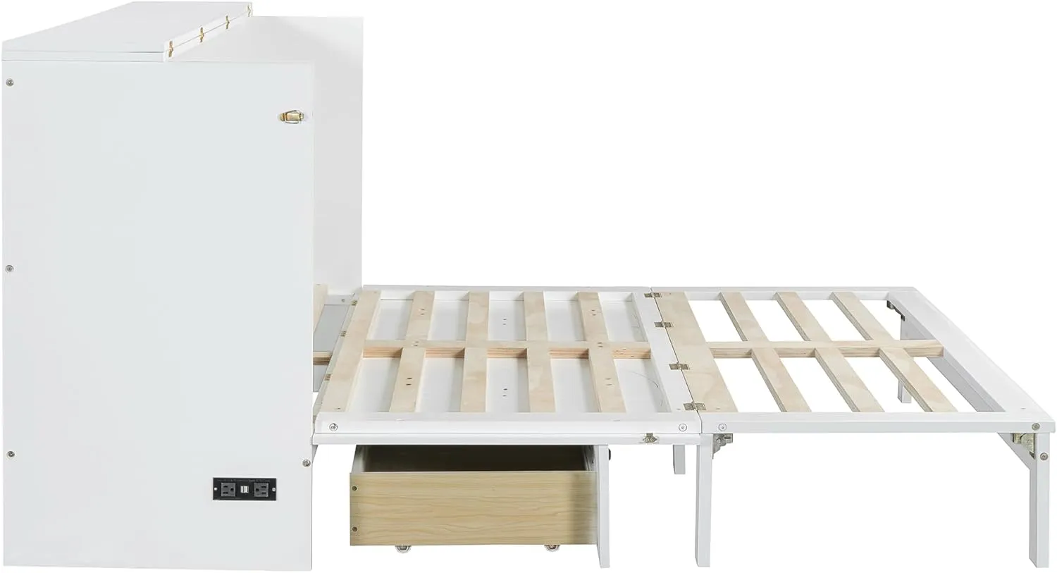 Merax Queen Size Murphy Bed Cabinet with Charging Station and Large Storage Drawer, Foldable Pull Out Murphy Chest Bed for Apartments, Bedrooms, Studio, No Spring Box Needed, White
