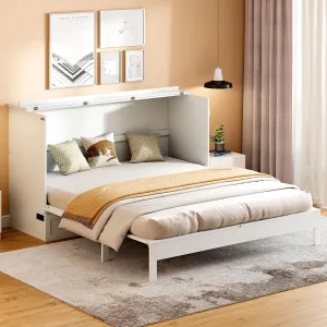 Merax Queen Size Murphy Bed Cabinet with Charging Station and Large Storage Drawer, Foldable Pull Out Murphy Chest Bed for Apartments, Bedrooms, Studio, No Spring Box Needed, White
