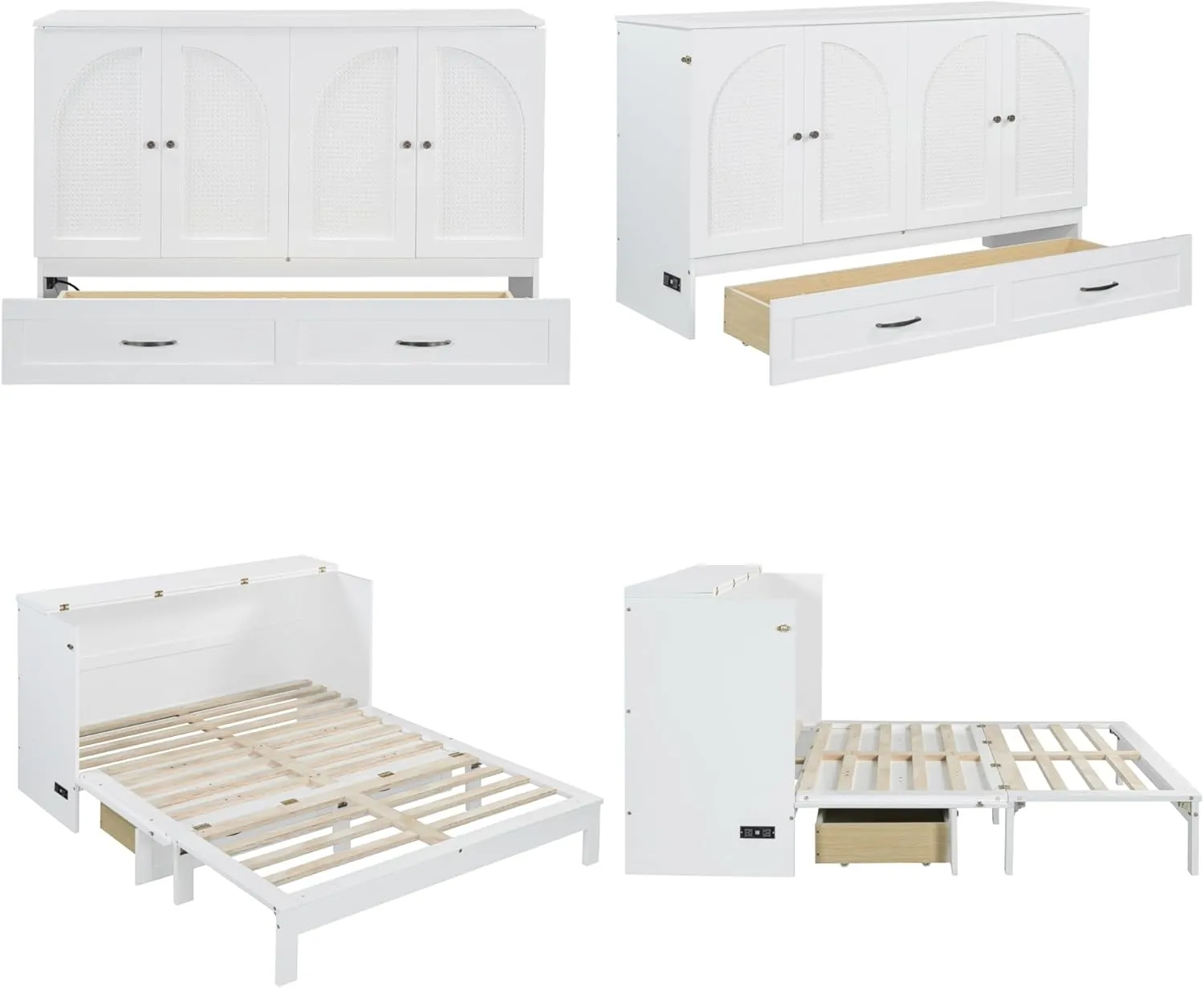 Merax Queen Size Murphy Bed Cabinet with Charging Station and Large Storage Drawer, Foldable Pull Out Murphy Chest Bed for Apartments, Bedrooms, Studio, No Spring Box Needed, White