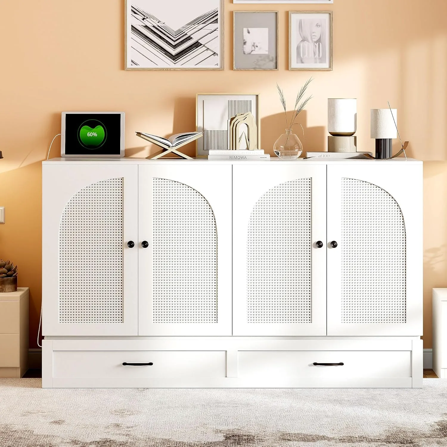 Merax Queen Size Murphy Bed Cabinet with Charging Station and Large Storage Drawer, Foldable Pull Out Murphy Chest Bed for Apartments, Bedrooms, Studio, No Spring Box Needed, White