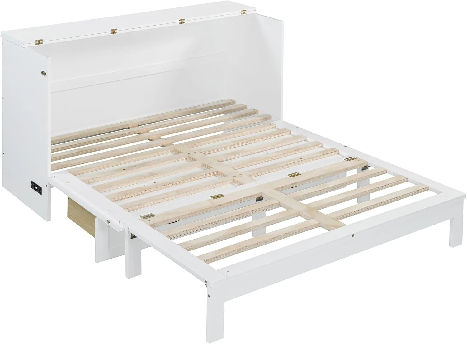 Merax Queen Size Murphy Bed Cabinet with Charging Station and Large Storage Drawer, Foldable Pull Out Murphy Chest Bed for Apartments, Bedrooms, Studio, No Spring Box Needed, White