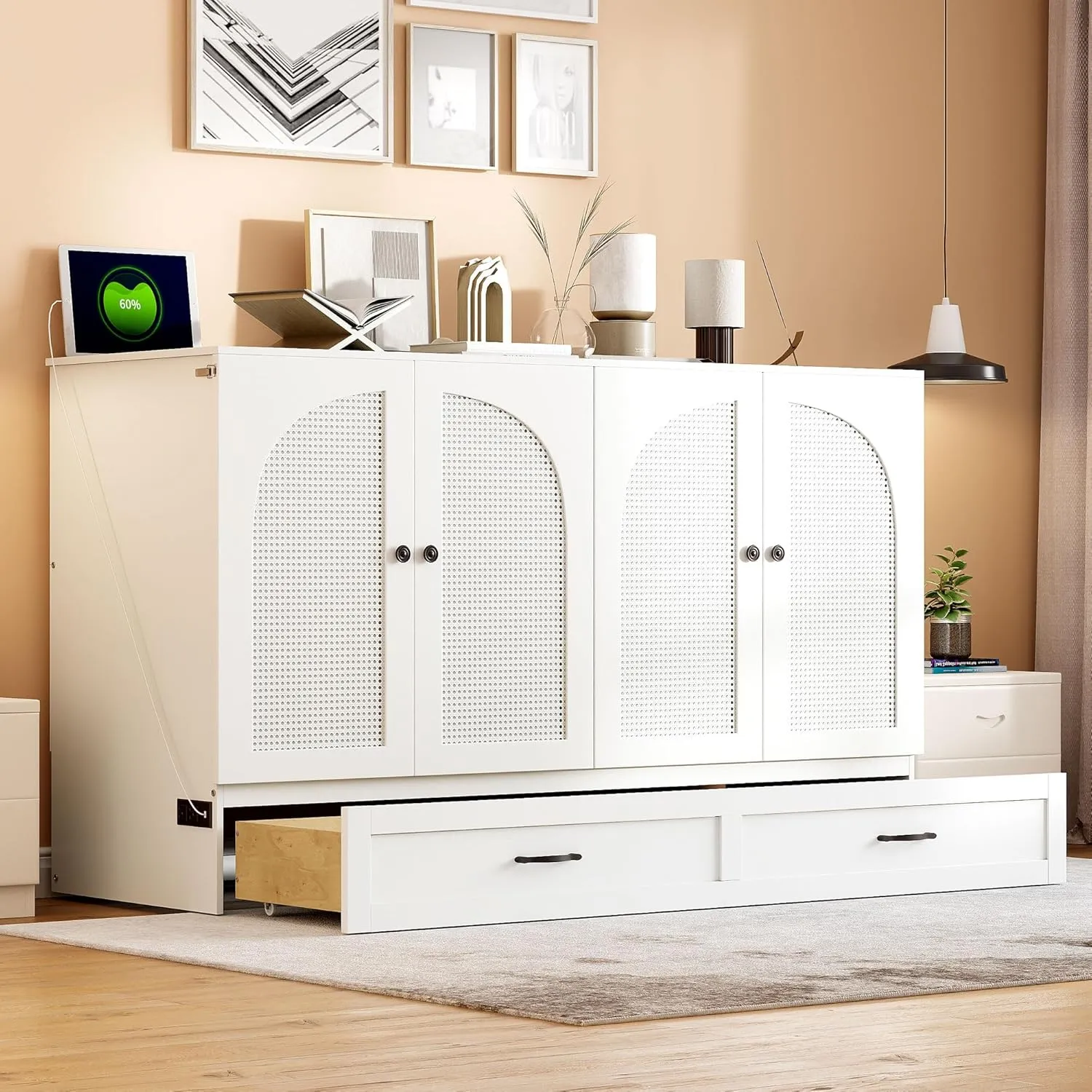 Merax Queen Size Murphy Bed Cabinet with Charging Station and Large Storage Drawer, Foldable Pull Out Murphy Chest Bed for Apartments, Bedrooms, Studio, No Spring Box Needed, White