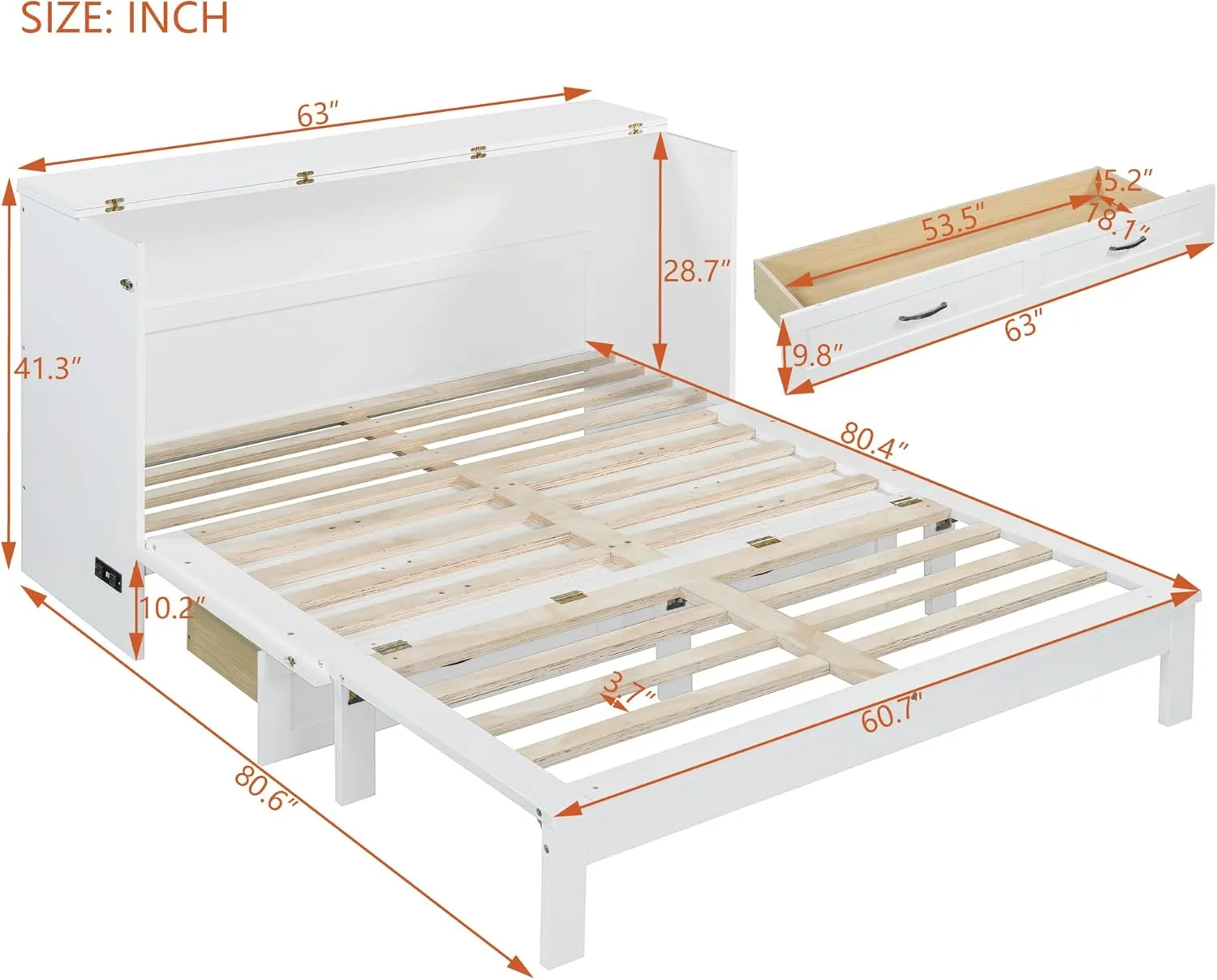 Merax Queen Size Murphy Bed Cabinet with Charging Station and Large Storage Drawer, Foldable Pull Out Murphy Chest Bed for Apartments, Bedrooms, Studio, No Spring Box Needed, White