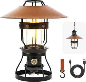 Metal LED Ambient Camping Lantern, 2 in 1 Newest Hanging Standing Camping Lamp, 3500mAh Rechargeable Retro Lantern, Dimmable Ambient Table Lamp with Leather Lampshade for Courtyard Outdoor Decoration
