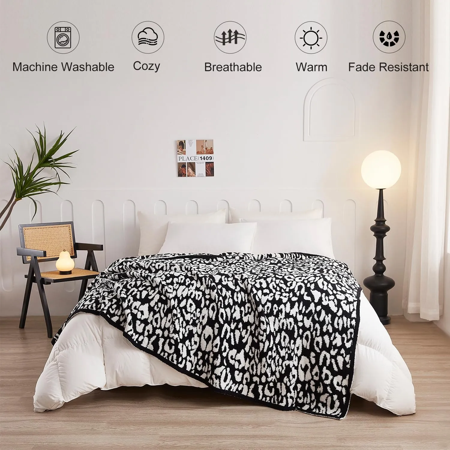 MH MYLUNE HOME Ultra Soft Leopard Throw Blanket (50x60 inches) Microfiber Blanket Plush Warm Reversible Cheetah Blanket Leopard Pattern Throw for Couch Bed Sofa - Black and White, 50"x60"