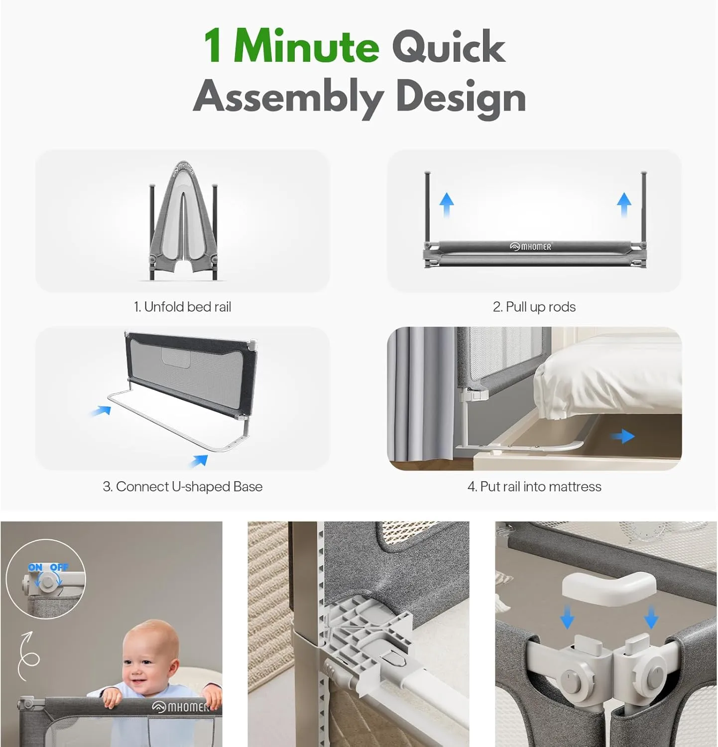 MHOMER Bed Rail for Toddlers-Toddler Bed Rails 2 Minutes Quick Assembly Foldable Bed Rails for Queen Bed, King, Full, Twin Size Bed, Baby Bed Rail Guard with Steady U-Shape Base 54",1 Side