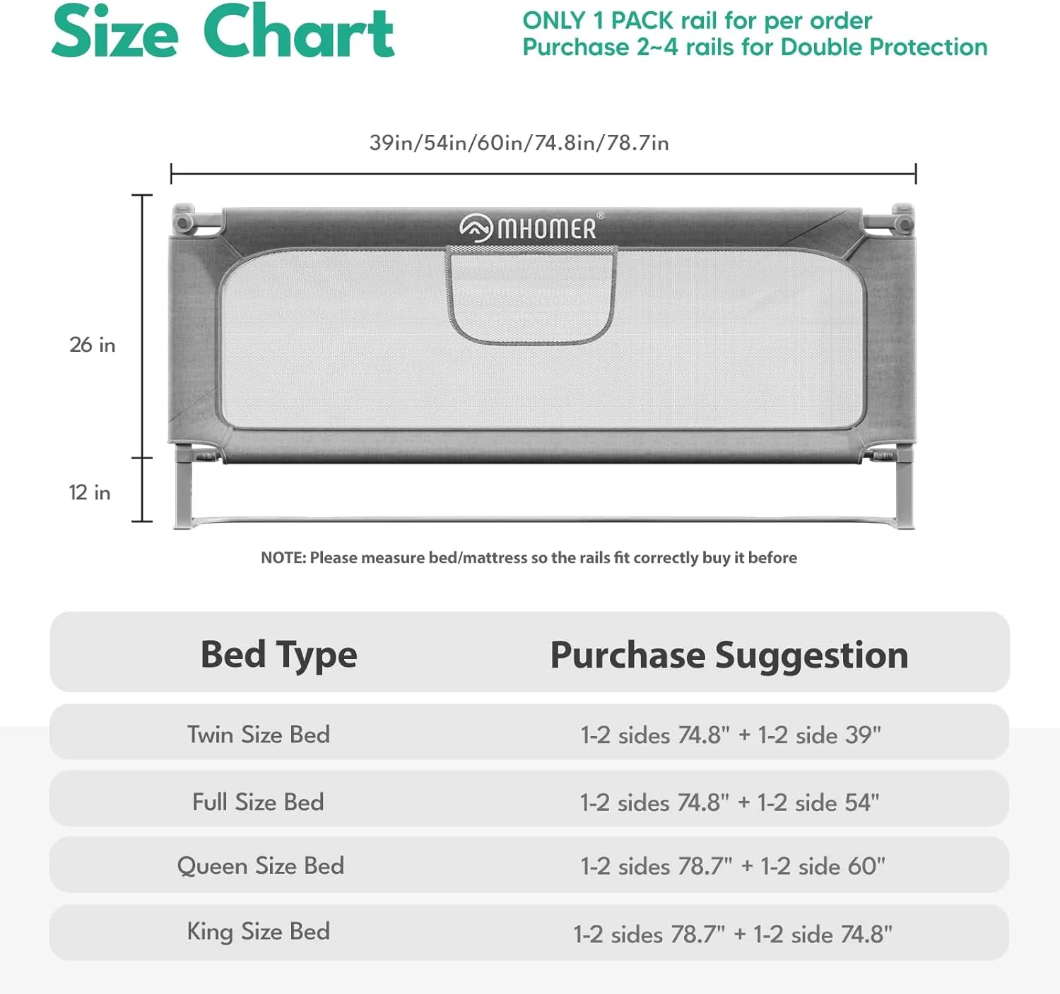 MHOMER Bed Rail for Toddlers-Toddler Bed Rails 2 Minutes Quick Assembly Foldable Bed Rails for Queen Bed, King, Full, Twin Size Bed, Baby Bed Rail Guard with Steady U-Shape Base 74.8",1 Side