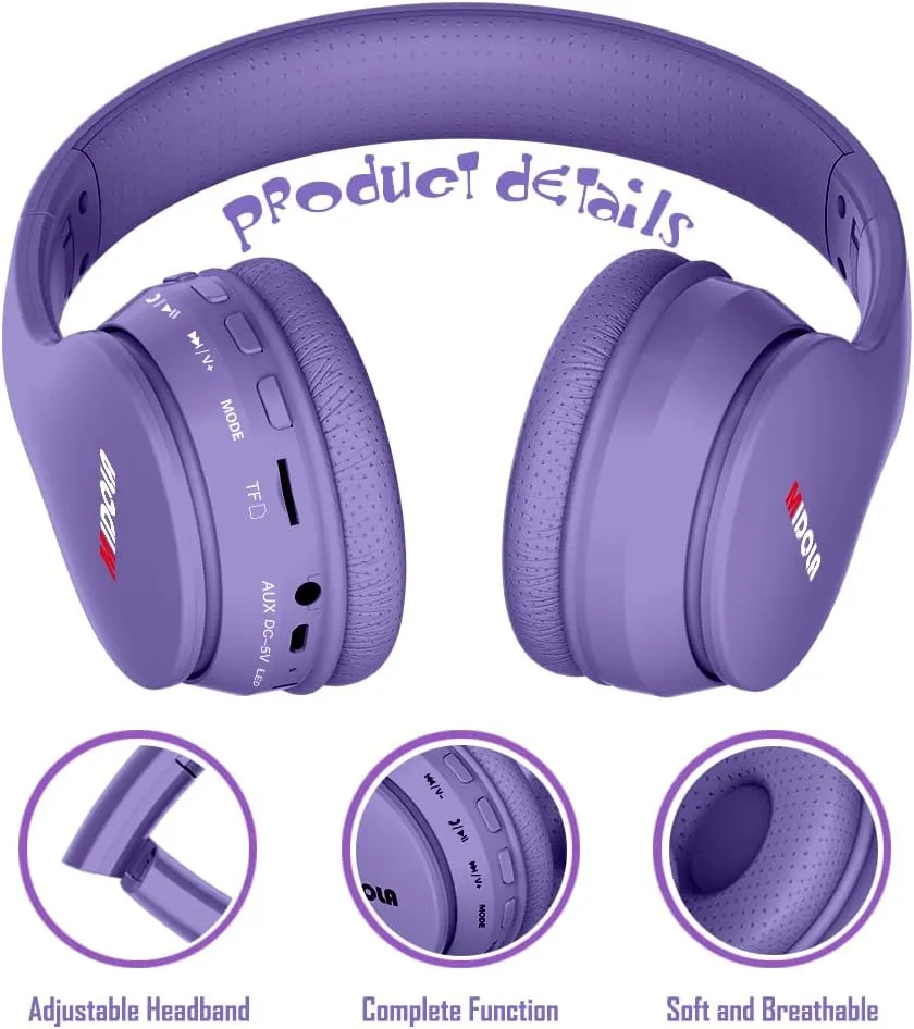 MIDOLA Kids Headphones Bluetooth 5.3 Wireless 60H Play Time Volume Limit 85/110dB Over Ear Foldable Protection Headset/Wired AUX Cord Mic for Boy Girl Travel School Phone Pad Tablet Light Purple