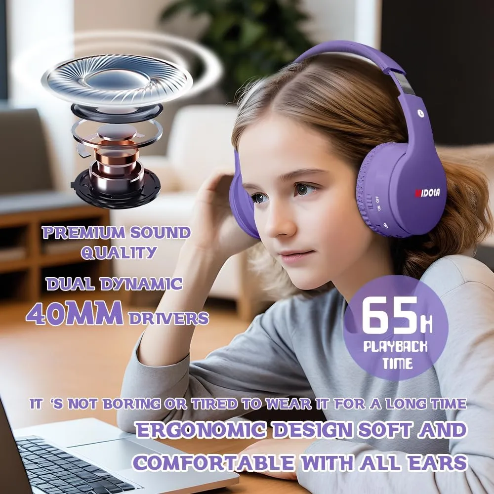 MIDOLA Kids Headphones Bluetooth 5.3 Wireless 60H Play Time Volume Limit 85/110dB Over Ear Foldable Protection Headset/Wired AUX Cord Mic for Boy Girl Travel School Phone Pad Tablet Light Purple