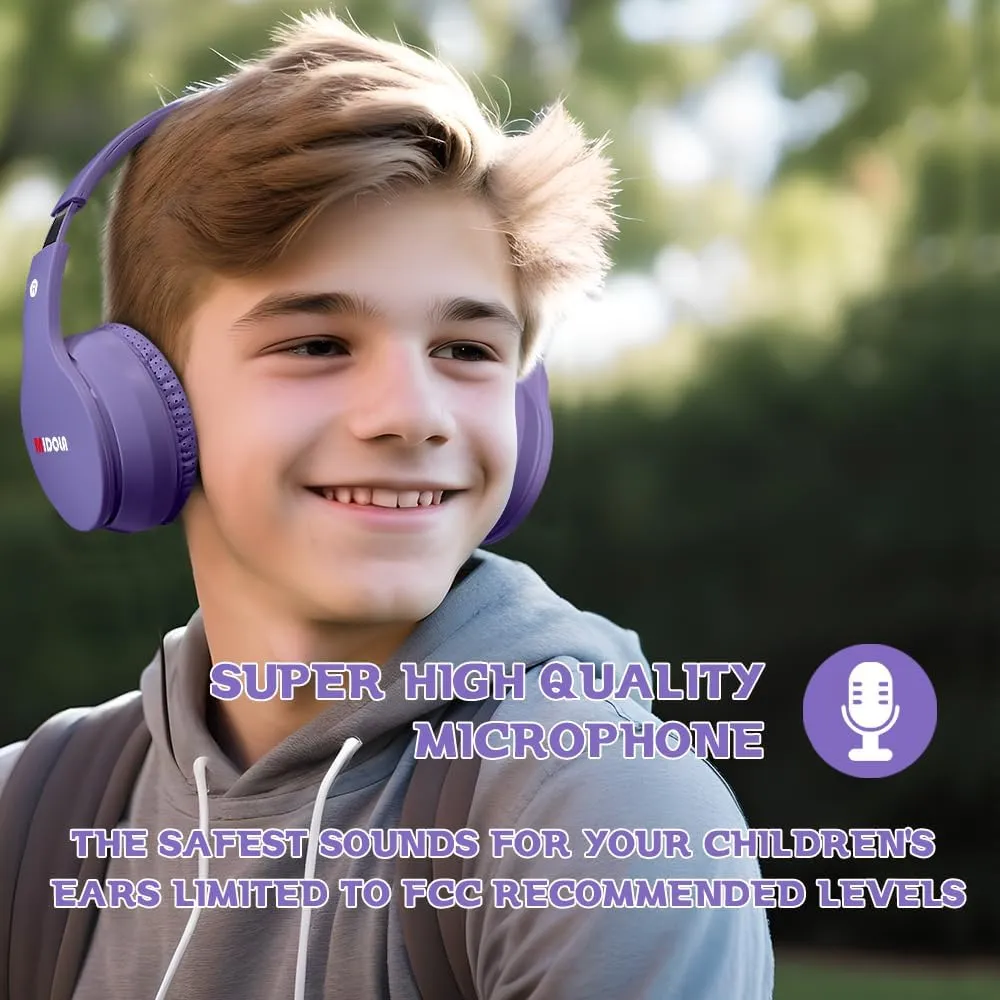 MIDOLA Kids Headphones Bluetooth 5.3 Wireless 60H Play Time Volume Limit 85/110dB Over Ear Foldable Protection Headset/Wired AUX Cord Mic for Boy Girl Travel School Phone Pad Tablet Light Purple